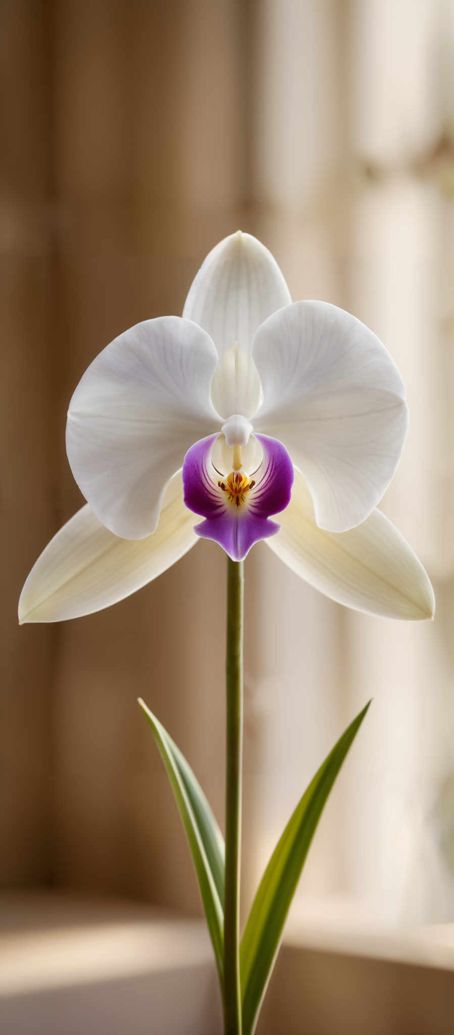 The image showcases a beautiful orchid flower. The orchid has large, white petals with subtle veining patterns. The center of the flower is vibrant purple with a yellowish-orange base. There are also small yellow and orange spots on the purple center. The stem is slender and green, supporting the flower.