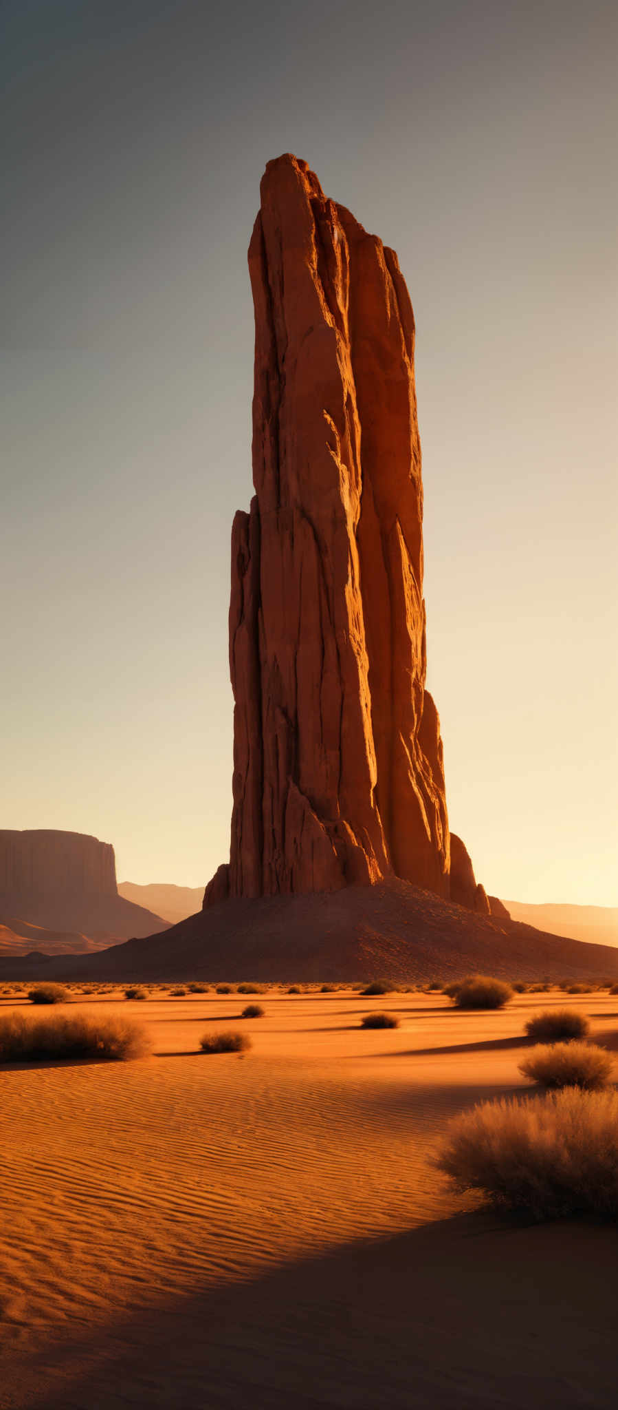 The image showcases a vast desert landscape with a prominent, towering rock formation in the foreground. The rock formation is reddish-brown, with intricate patterns and ridges, suggesting years of erosion. The ground is covered in golden sand dunes, with tufts of grass or shrubs scattered sporadically. In the distance, there are more plateaus and mesas, all bathed in the warm hues of either sunrise or sunset. The sky is clear with a gradient of blue, transitioning to a soft orange near the horizon.