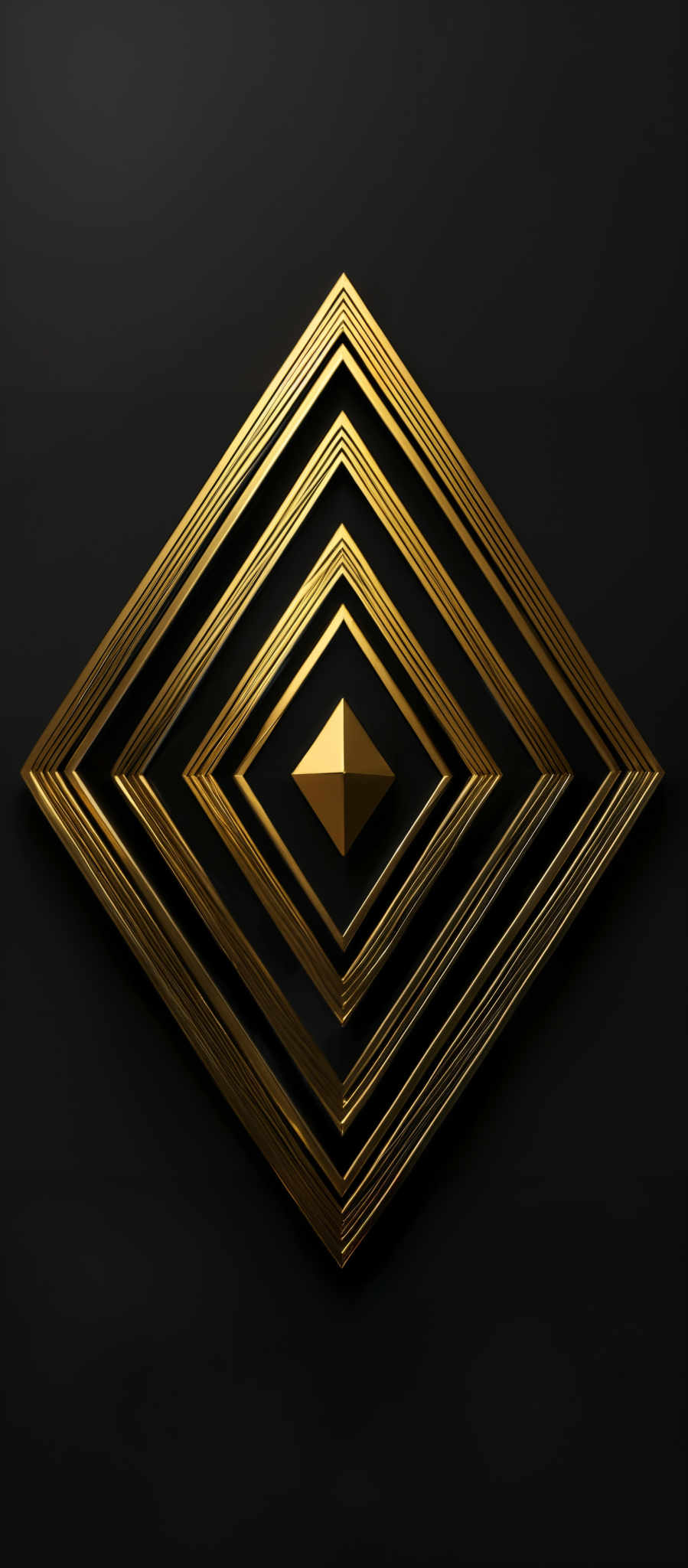 The image showcases a geometric design composed of concentric squares and diamond shapes. The predominant color is a rich golden-yellow, which contrasts sharply with the deep black background. The design is intricate, with each layer of the squares and the diamond shape appearing to have a textured, ribbed pattern. The center of the diamonds is accentuated with a smaller, pyramid-shaped object.