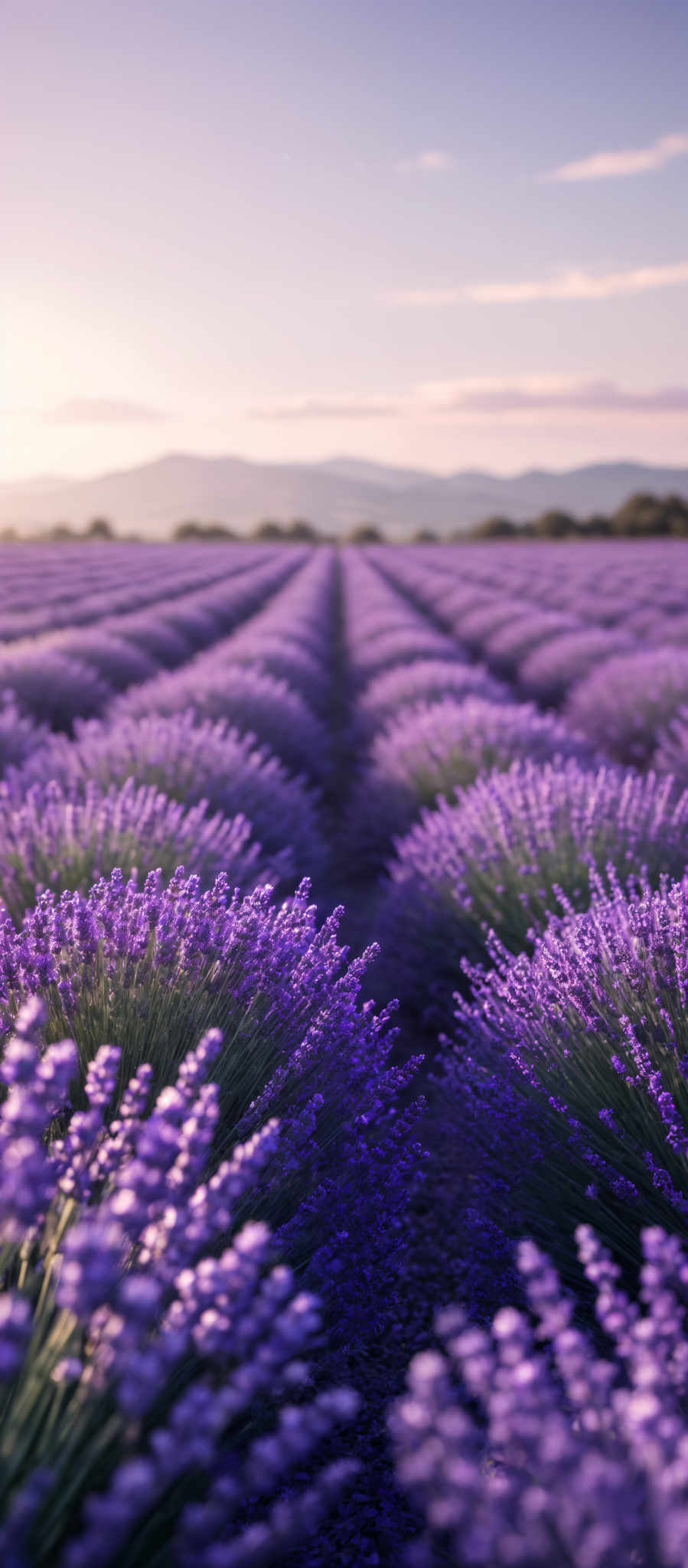 The image showcases a vast field of lavender with rows of plants stretching into the distance. The lavender flowers are in full bloom, displaying a vibrant purple hue. The sky above is painted with soft hues of pink and blue, suggesting either dawn or dusk. In the distance, there are silhouettes of mountains, and the horizon is slightly obscured by a light haze.