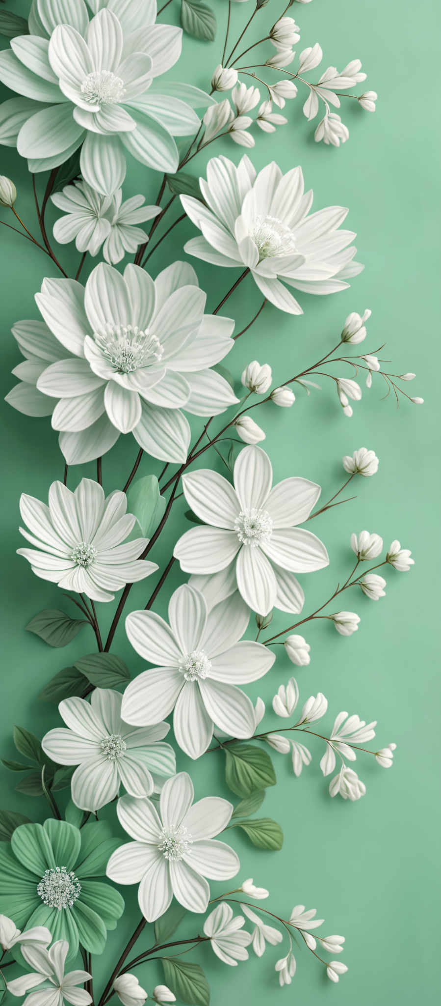 The image showcases a collection of white flowers with intricate details. The flowers have layered petals, and some have a central stamen. They are set against a soft teal background. The image also features green leaves interspersed between the flowers, adding a touch of nature. The overall composition gives a serene and elegant feel.