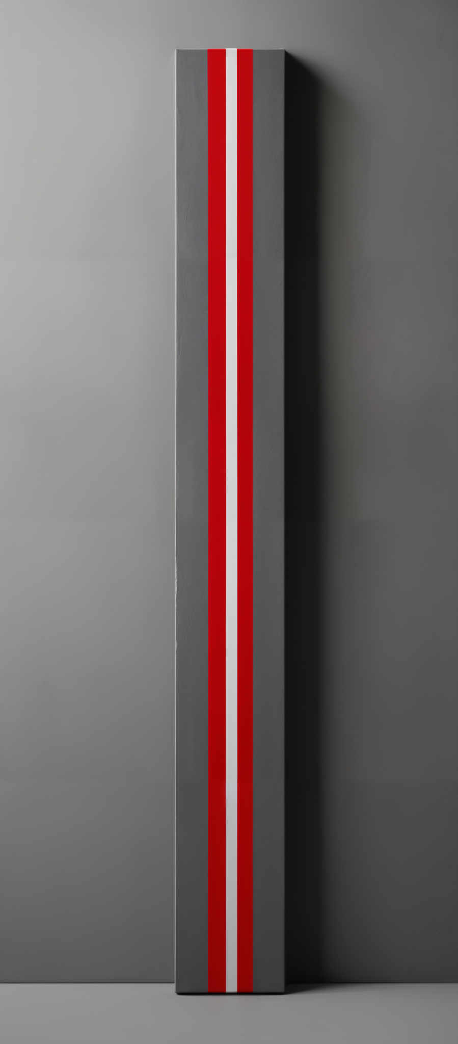 The image showcases a vertical rectangular object placed against a gray background. The object is divided into three distinct sections. The top and bottom sections are of a light gray color, while the middle section is a vibrant red.