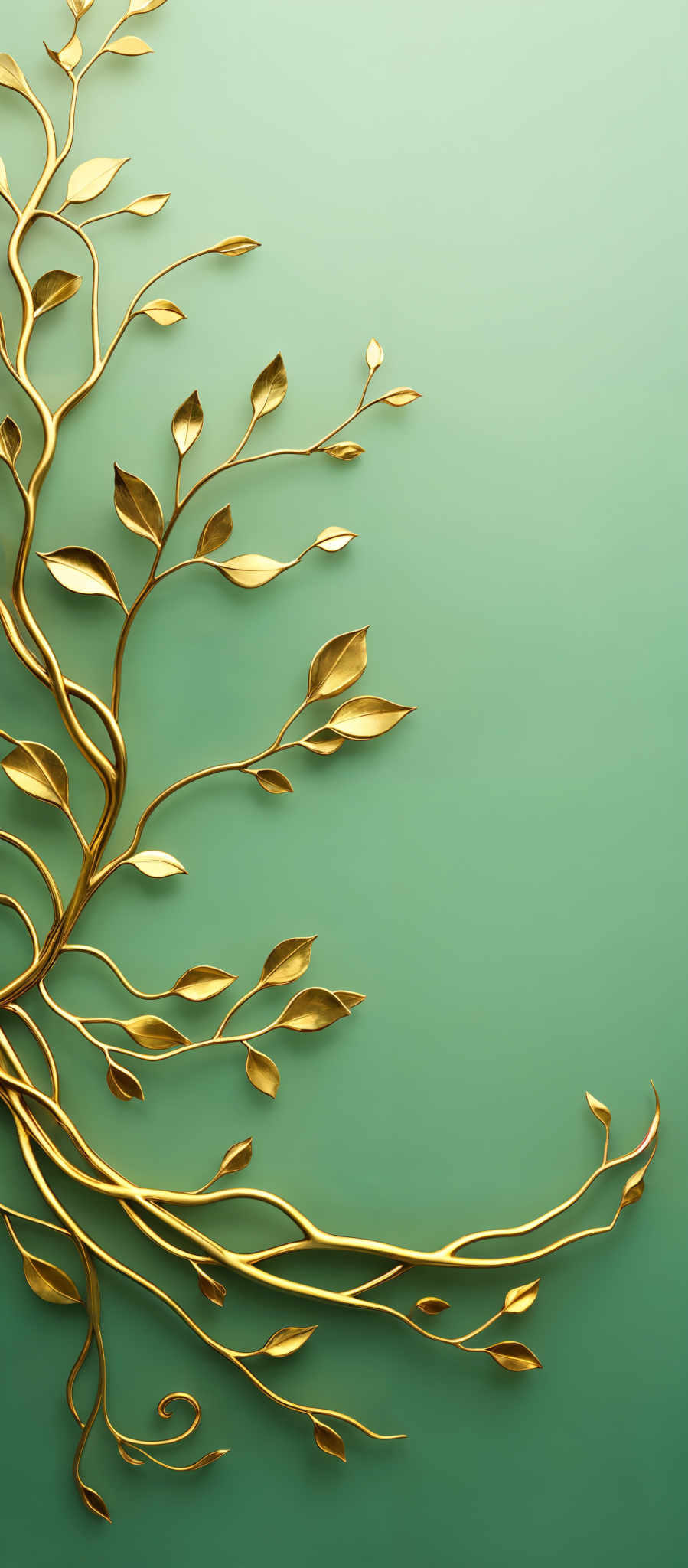 The image showcases a series of intertwined golden branches against a teal background. The branches have elongated, sinuous shapes, and each one is adorned with a series small, oval-shaped leaves. The leaves are also golden in color, complementing the overall aesthetic of the image, which exudes a sense of elegance and nature.