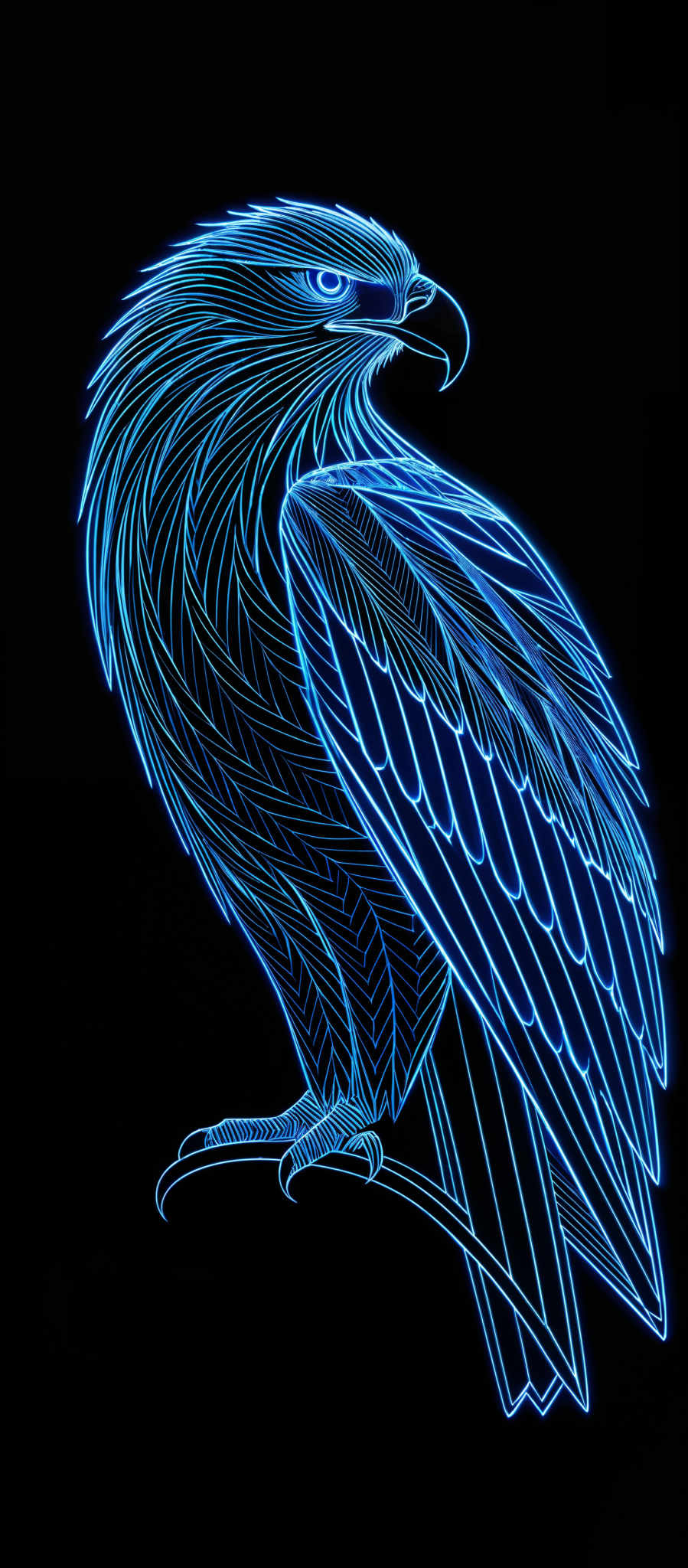 The image showcases a stylized representation of a bird, possibly an eagle or hawk, rendered in neon blue lines against a black background. The bird is depicted in a side profile, with intricate details highlighting its feathers, beak, and eyes. The neon lines give the bird a glowing, ethereal appearance, emphasizing its majestic and powerful aura.