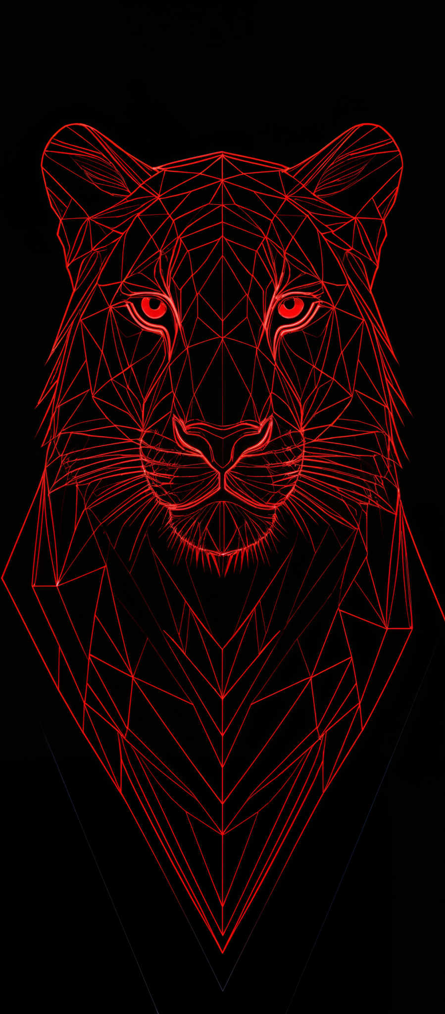 The image showcases a geometric representation of a tiger's face. The tiger is depicted using a combination of triangles and lines, forming a polygonal pattern. The color scheme is predominantly red against a black background. The eyes of the tiger are strikingly red, which contrasts with the rest of the image, drawing attention to them. The overall design gives a modern, abstract, and artistic touch to the traditional depiction of a wild tiger.