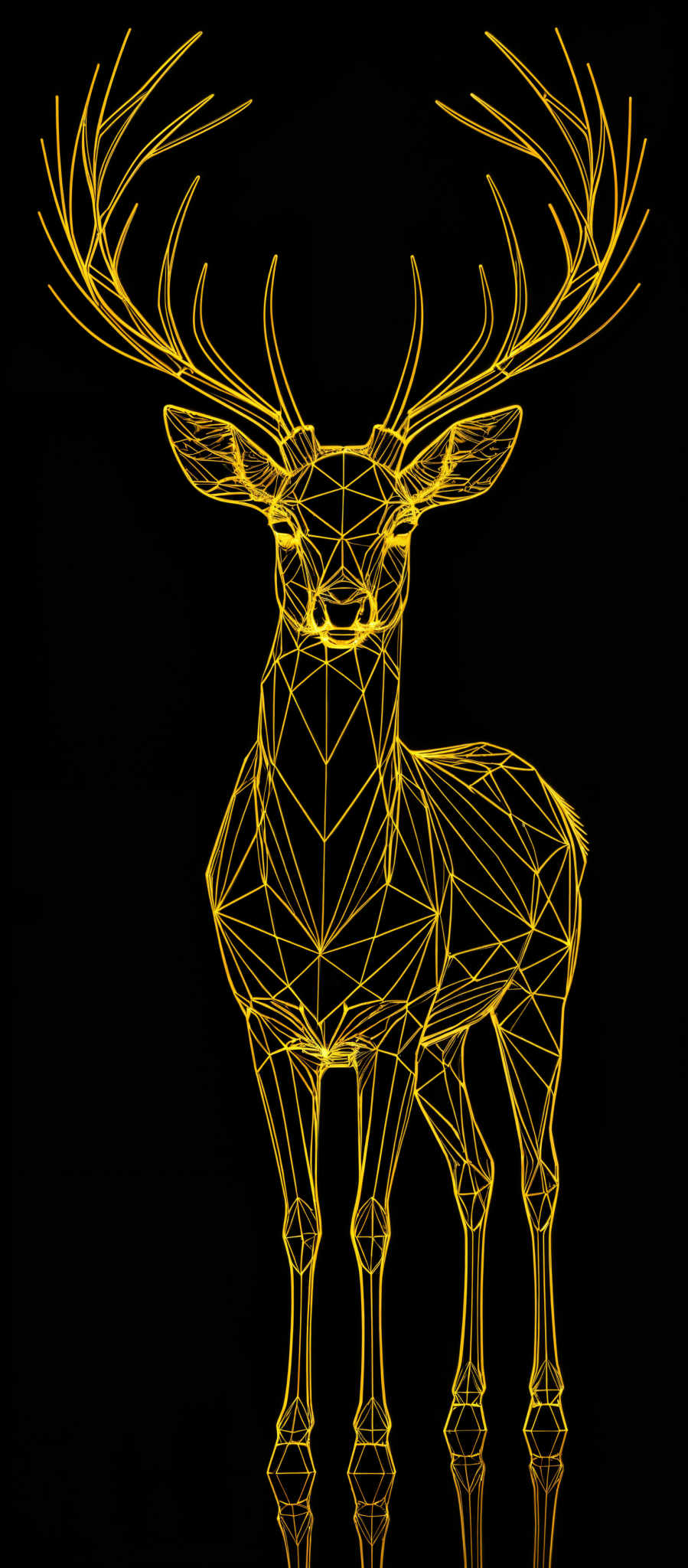 The image showcases a golden geometric representation of a deer. The deer is depicted in a side view, with its majestic antlers spread out. The entire image is constructed using a series of interconnected lines, forming a polygonal pattern. The background is a deep black, which accentuates the bright golden lines of the deer, making it stand out prominently.