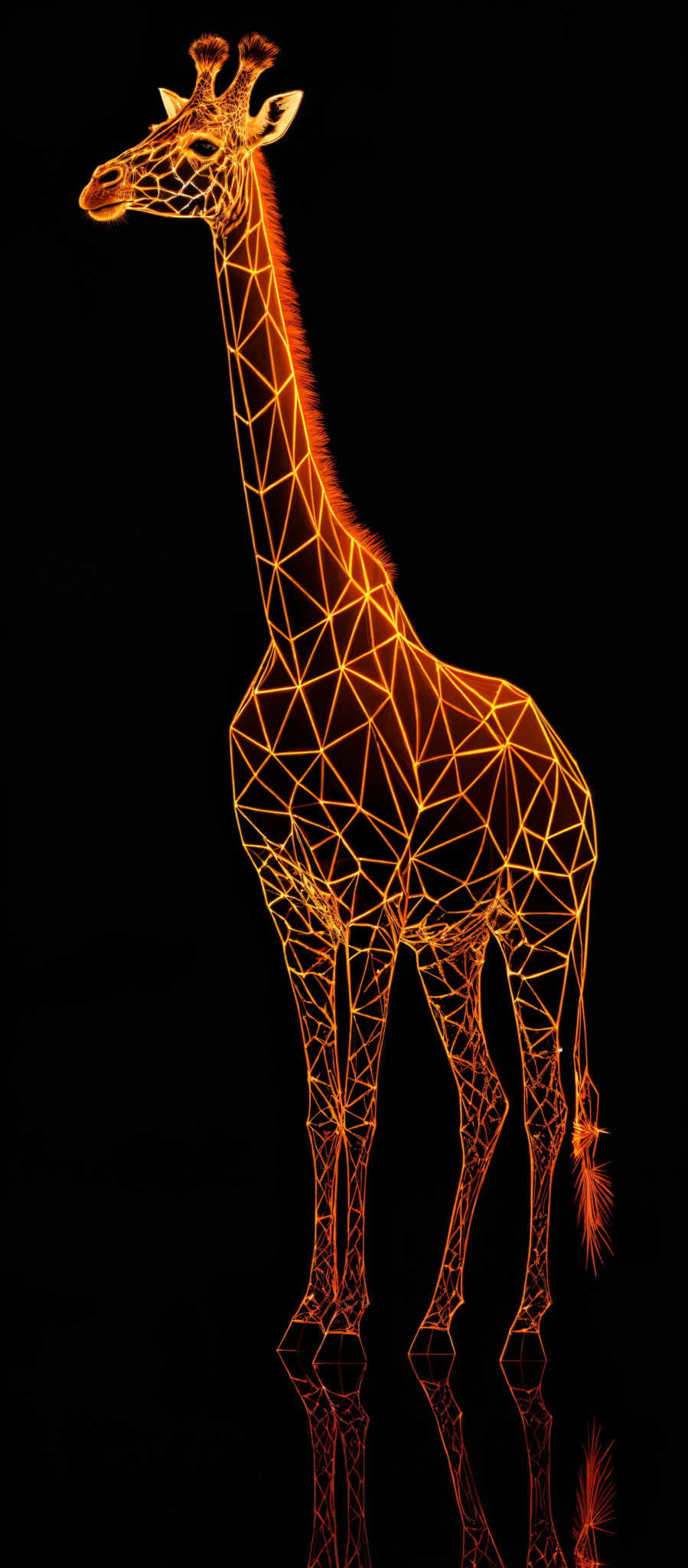 The image showcases a giraffe, which is depicted in a unique, geometric design. The giraffes body is outlined with a series of interconnected triangles, forming a polygonal pattern. These triangles are illuminated in a bright, fiery orange hue, which contrasts starkly against the dark background. The reflection of the girafe can be seen at the bottom, further emphasizing its three-dimensional form.