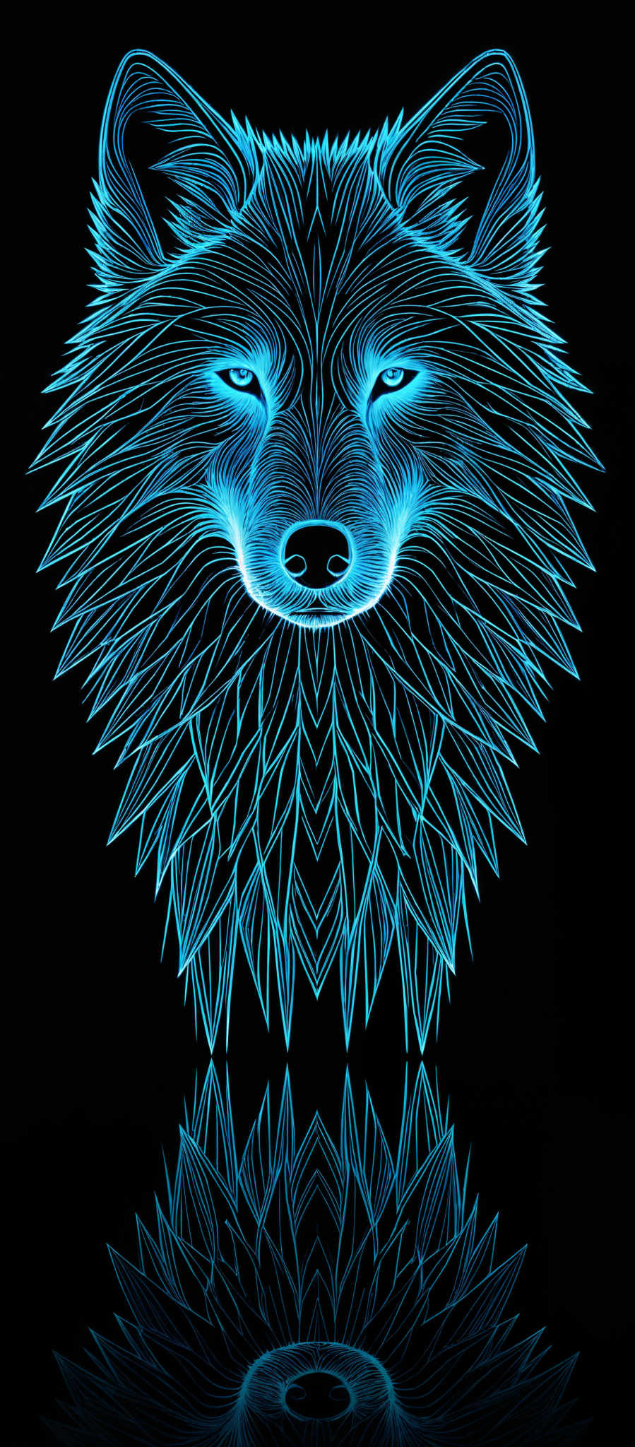 The image showcases a vibrant blue wolf with intricate patterns. The wolf's face is symmetrically designed with sharp, angular lines that give it a fierce and intense look. The patterns are reminiscent of neon lines, creating a glowing effect against a dark background. The reflection of the wolf is also visible, mirroring its intense gaze and adding depth to the image, creating an illusion of symmetry.