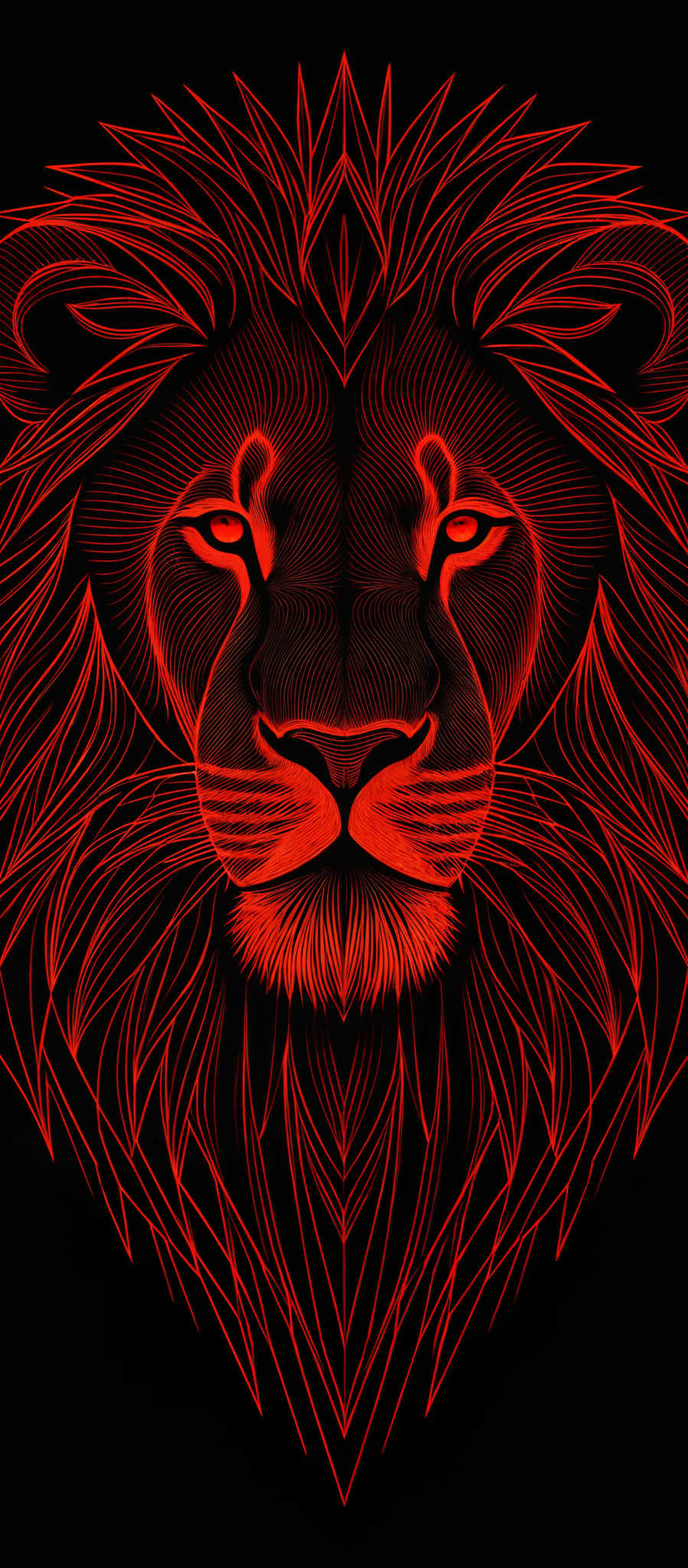 The image showcases a lion's face, intricately designed with vibrant red and orange hues against a black background. The lion has a mane that is detailed with various patterns, resembling waves or flames. The eyes of the lion are intensely focused, and the overall design gives off a fierce and majestic vibe.