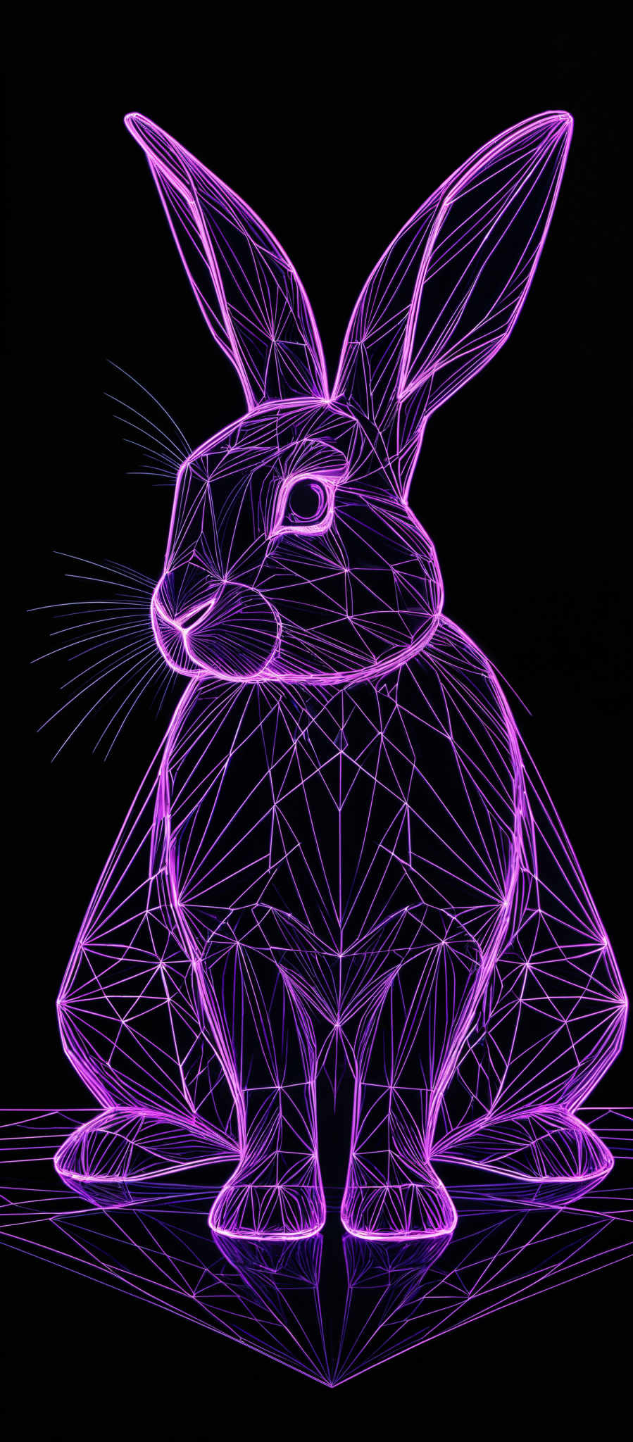 The image showcases a vibrant and intricate digital artwork of a rabbit. The rabbit is depicted in a sitting position with its ears raised. The artwork is constructed using a combination of geometric shapes, primarily triangles, forming a polygonal mesh. The entire image is bathed in a neon purple hue, which contrasts sharply with the dark background. The details of the rabbit's facial features, such as its eyes, nose, and whiskers, are meticulously rendered, and the reflection on its body adds depth and dimension to the composition.