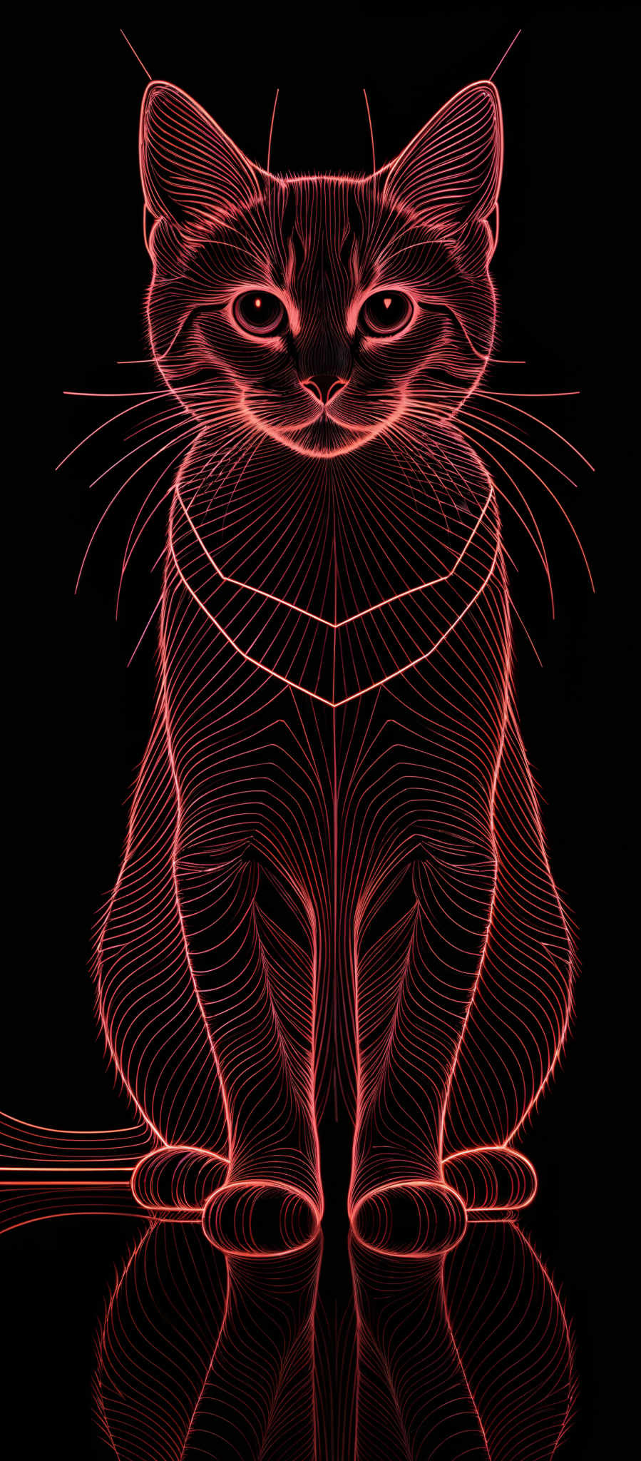 The image showcases a detailed and vibrant illustration of a cat. The cat is depicted in a sitting position with its front paws tucked under its body. The color palette is predominantly shades of red and orange, which gives the image a neon or digital aesthetic. The intricate lines and patterns emphasize the cat's facial features, such as its eyes, whiskers, and fur. The overall design is symmetrical, with the cat reflecting perfectly below it, creating a mirror effect.