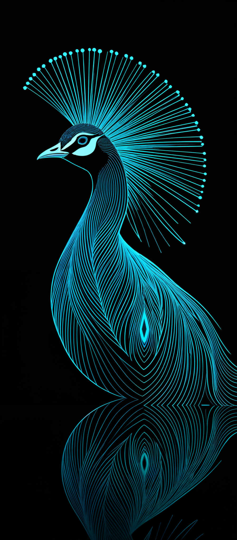 The image showcases a vibrant and intricate depiction of a bird, possibly a peacock or a phoenix, rendered in a neon blue color against a black background. The bird's feathers are intricately detailed with overlapping patterns, and it has a distinctive crest of long, radiating lines that resemble a crown. The eyes of the bird are sharp and detailed, with a unique pattern that appears almost teardrop-shaped. The reflection of the image is also visible, creating a symmetrical and harmonious visual effect.