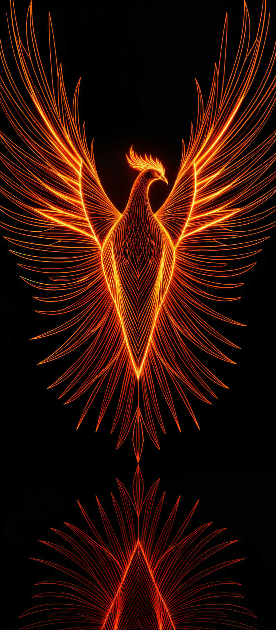 The image showcases a vibrant and intricate design of a bird, possibly a phoenix, rendered in a neon-like glow. The bird is depicted in a dynamic pose with its wings spread wide, showcasing detailed feather patterns. The predominant color is a bright orange, emanating a radiant glow against a dark background. The design is symmetrical, with the bird's reflection mirrored below it, creating a sense of depth and dimension.