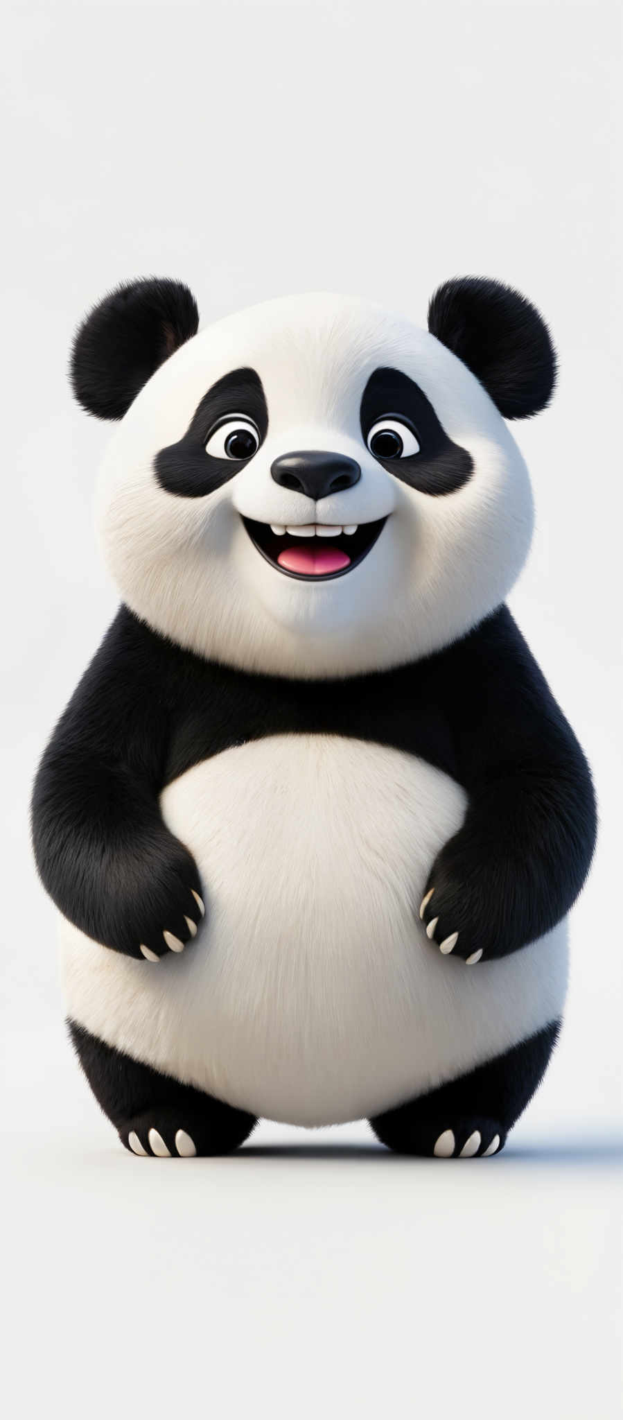 The image showcases a 3D animated panda. The panda has a round body, black and white fur, and a cheerful expression. It has large round eyes with black pupils, a pink tongue sticking out slightly, and it appears to be smiling. The background is plain white, emphasizing the panda's details.