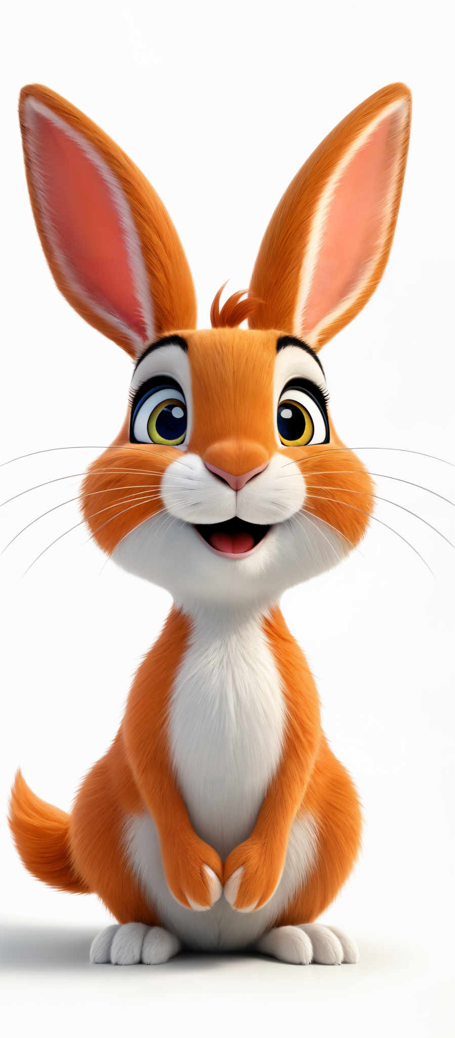 The image showcases an animated bunny with a vibrant orange fur coat. It has large, expressive blue eyes and a playful, slightly open mouth. The bunney's ears are large and pointed, and it has a fluffy tail. The overall appearance is cheerful and friendly.