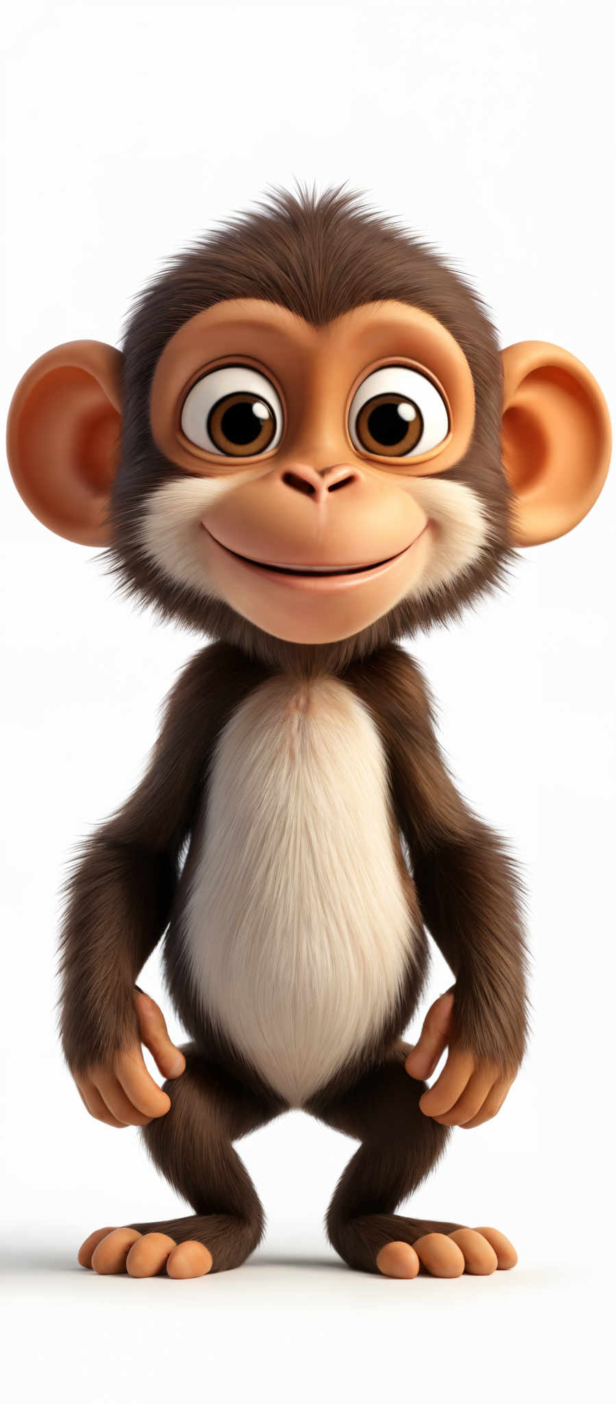 The image showcases a 3D animated character, which appears to be a chimpanzee or a monkey. The character has a brown fur coat, large round eyes with a golden hue, and a small nose. The mouth is slightly open, revealing a set of teeth, and the character has two hands and two feet. The overall shape is upright, and it seems to be standing on two feet, giving it a humanoid appearance.