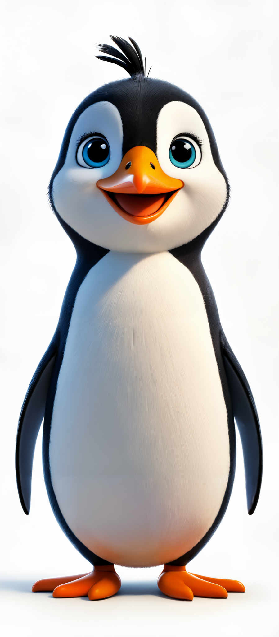 The image showcases an animated penguin. The penguins have a black and white plumage with a distinct orange beak and feet. The eyes are large, round, and blue, giving the penguine a friendly and curious appearance. The background is plain white, emphasizing the pinguin as the main subject.