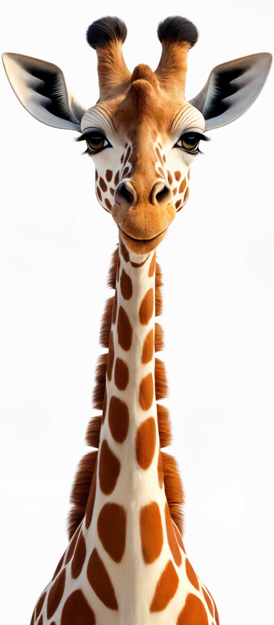 The image showcases a detailed and realistic depiction of a giraffe. The giraffes face is prominently displayed, with large, expressive eyes that are a deep shade of brown. The ears are large and rounded, with a distinctive pattern of dark brown spots on a lighter background. The neck is long and has a similar pattern to the face. The fur appears soft and well-defined, with the spots being the most distinctive feature. The overall color palette consists mainly of browns and whites, giving the girafe a natural and serene appearance.