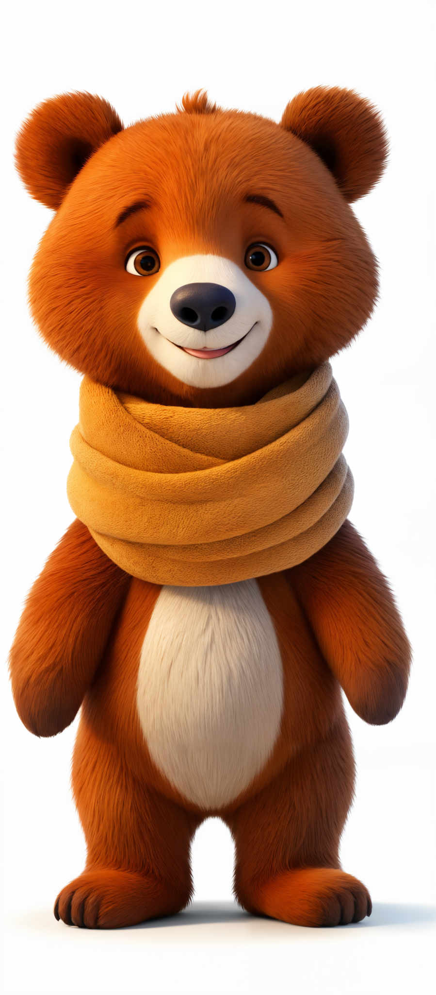 The image showcases a brown, anthropomorphic bear. The bear has a round face, large eyes, and a white muzzle. It is wearing a yellow scarf wrapped around its neck. The fur of the bear appears to be soft and fluffy, with a rich brown hue. The overall image gives off a warm and friendly vibe.