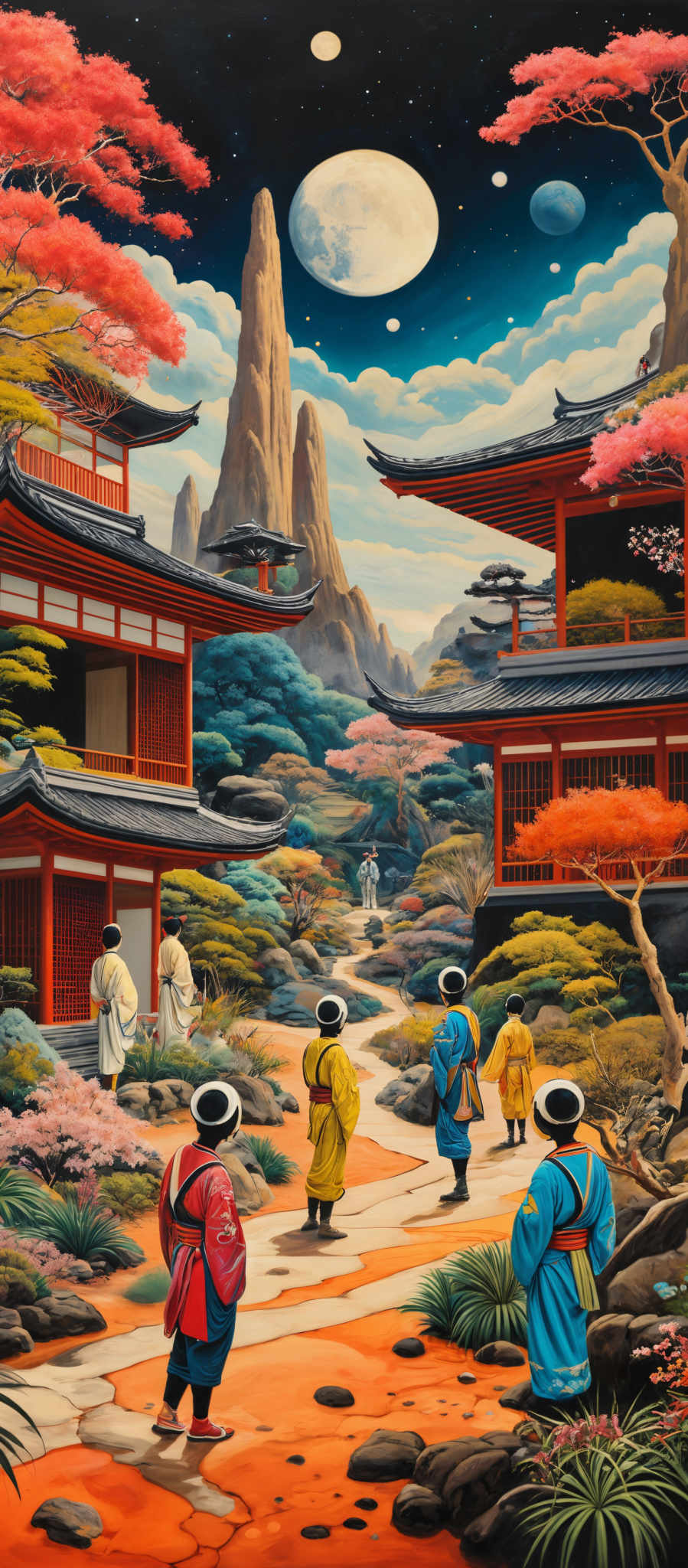 The image showcases a vibrant and colorful scene. The sky is dominated by a deep blue hue with multiple moons of varying sizes. There are tall, rugged mountains in the background, and the sky is adorned with fluffy white clouds. The foreground features traditional East Asian architecture, with intricately designed buildings, red roofs, and ornate wooden carvings. The landscape is adorbed with trees, some of which have pink blossoms, and there are colorful flowers scattered throughout. In the foreground, there are several figures dressed in traditional attire, walking on a pathway made of stone. The overall ambiance of the image is serene and mystical.