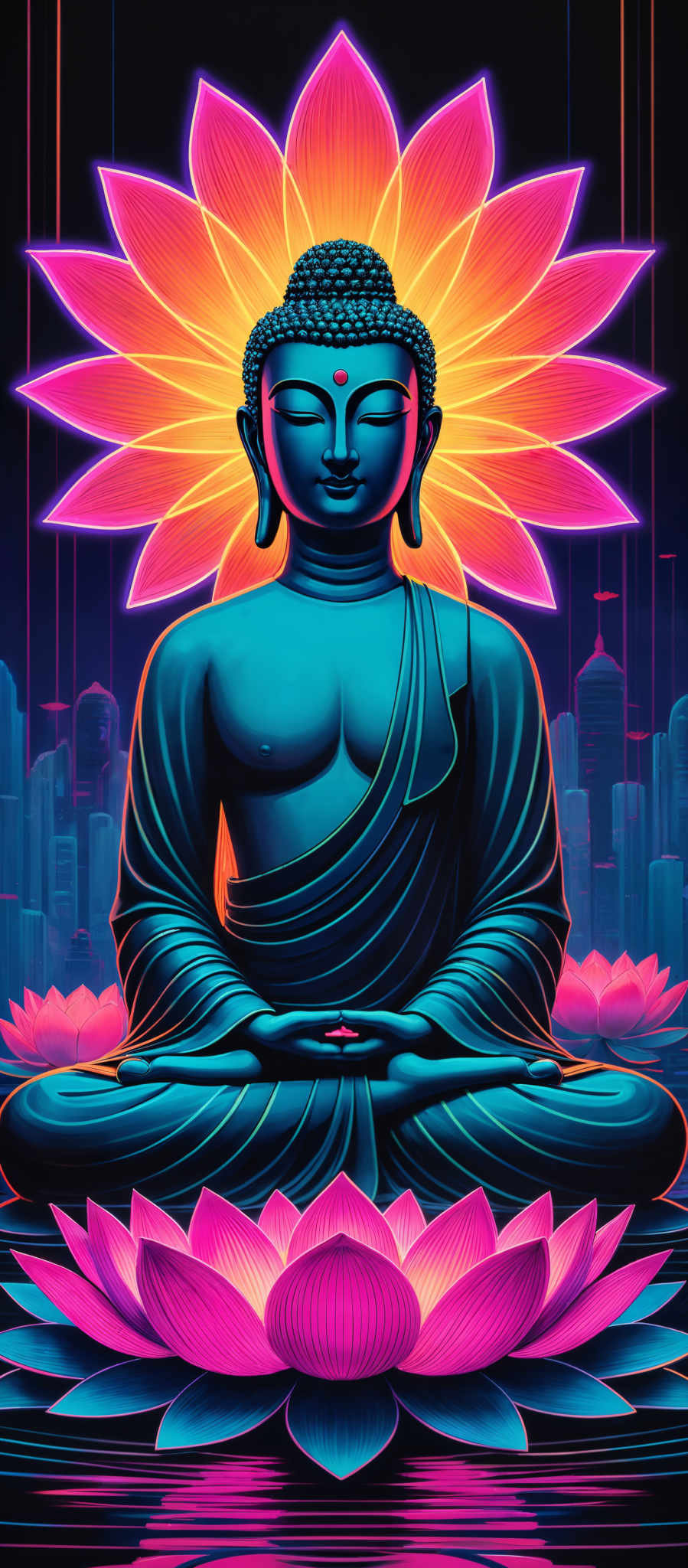 The image showcases a vibrant depiction of Buddha in meditation. He is seated in a lotus position, with his hands resting on his lap. The Buddah is depicted in a deep blue hue, contrasting with the radiant, multi-colored lotus behind him. The lotus has hues of pink, orange, and yellow, with its petals spreading out in an expansive manner. The background features a city skyline with tall buildings, and the entire image is illuminated with a mix of neon and natural light, giving it a futuristic yet spiritual ambiance.