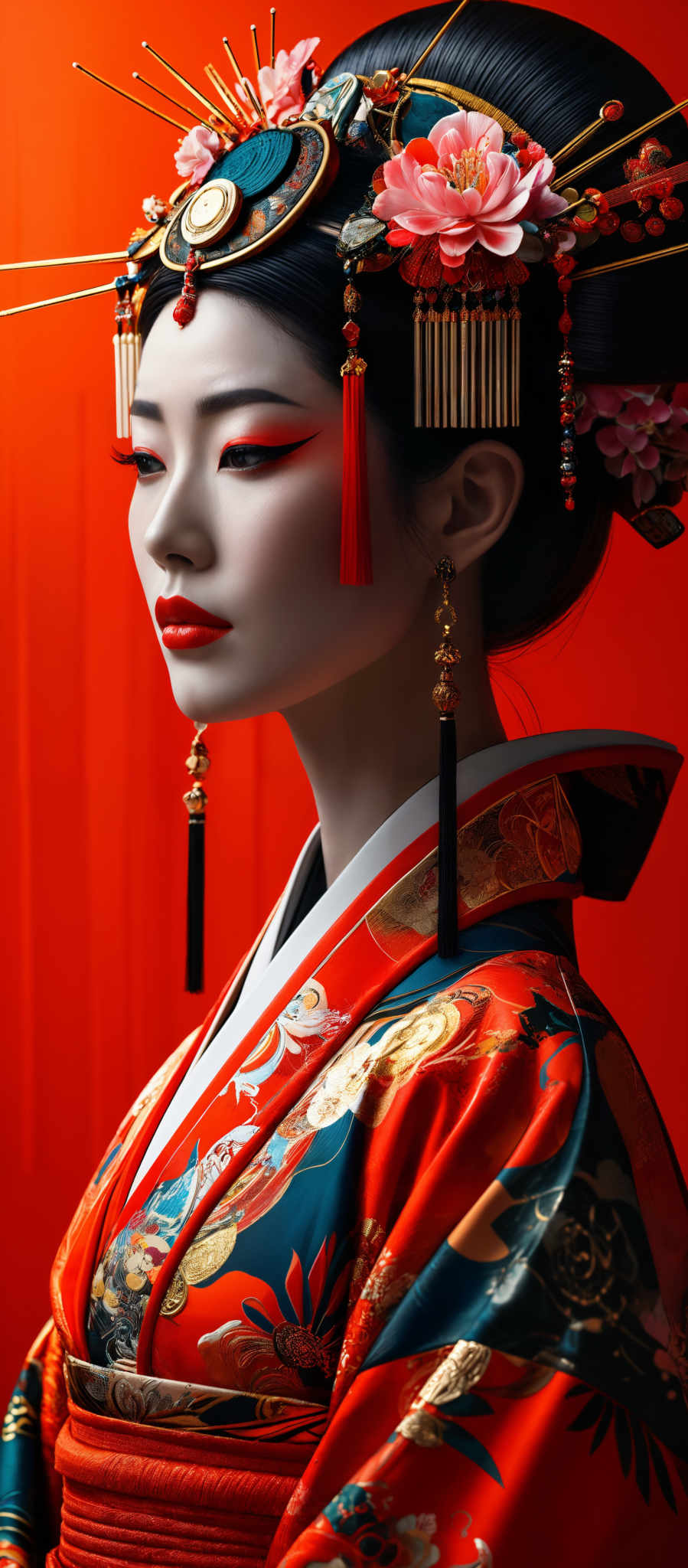 The image showcases a woman adorned in traditional Japanese attire. She has a deep red kimono with intricate gold and teal patterns. The kimoto is complemented by a headpiece that features a mix of red, gold, and pink hues. The headpieces are ornate, with golden spikes, pink flowers, and hanging tassels. Her makeup is bold, with a striking red eyeshadow that matches her lipstick. The background is a vibrant shade of red.