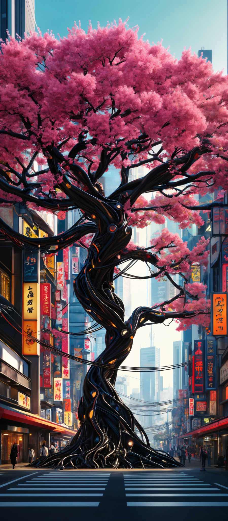 The image showcases a vibrant urban setting with a large tree in the center. The tree has a unique, twisted shape and is adorned with pink blossoms. The surrounding area is bustling with people, vehicles, and neon signs in various languages, predominantly Japanese. The buildings are modern, with tall skyscrapers in the background. The atmosphere seems to be that of a busy city street during the daytime.