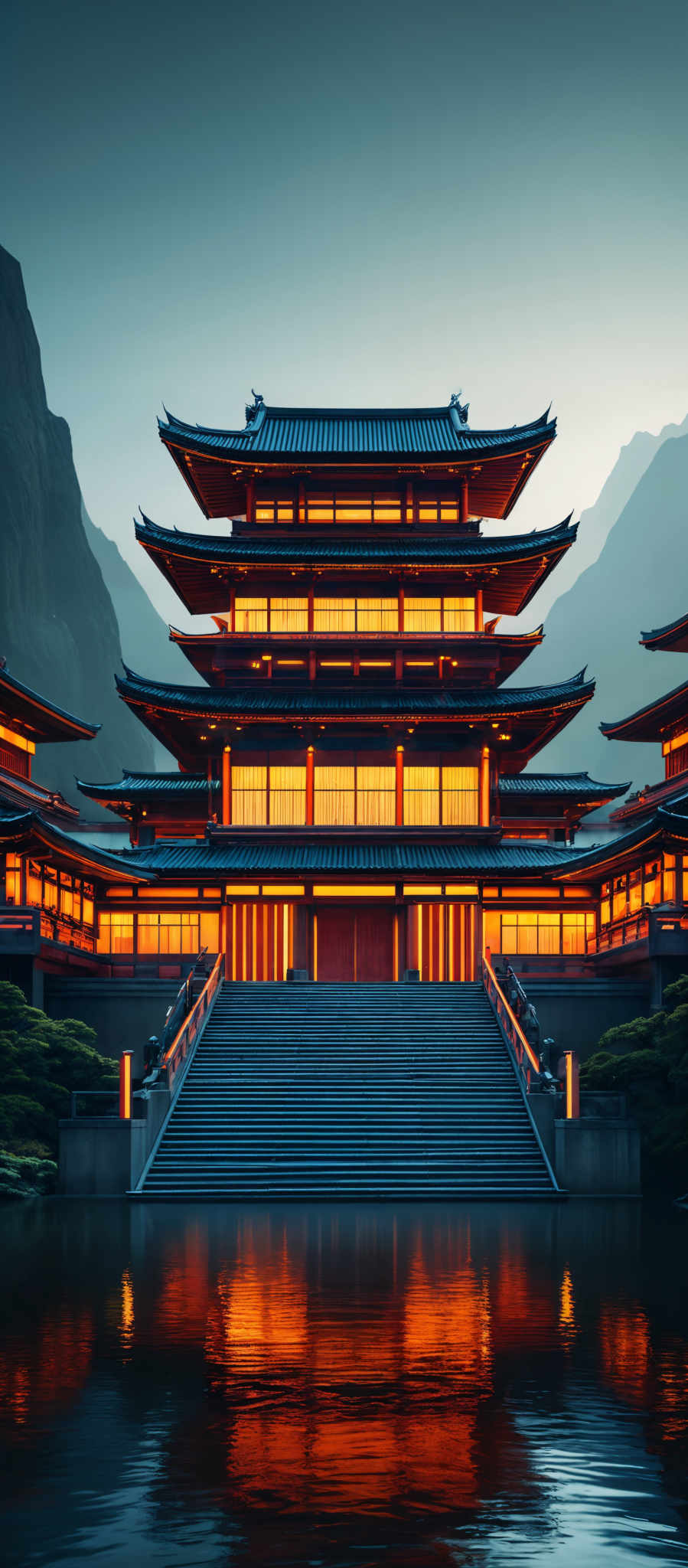 The image showcases a majestic multi-tiered pagoda-style building with intricate wooden carvings and a traditional Chinese architectural style. The building is illuminated from within, casting a warm, golden glow. The roof is adorned with ornate eaves and tiles. In the foreground, there's a serene body of water reflecting the building's light. The background features towering mountains, shrouded in mist, adding to the tranquil ambiance.