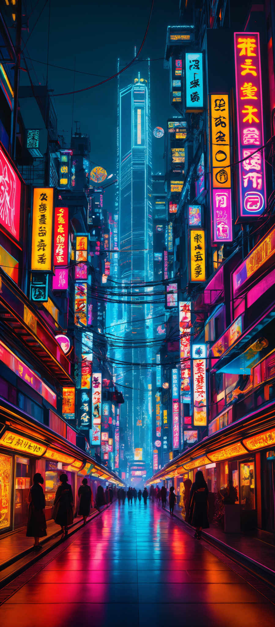 The image showcases a vibrant urban scene, possibly a bustling street in a futuristic city. The dominant colors are neon shades of pink, blue, and yellow. The street is lined with various buildings, each adorned with bright neon signs in different languages, possibly Chinese. The signs display a mix of advertisements, brand names, and possibly some artistic or cultural symbols. The buildings are tall and densely packed, with wires crisscrossing above. The ground reflects the neon lights, creating a shimmering pathway. There are also silhouettes of people walking on the street, adding life to the scene.