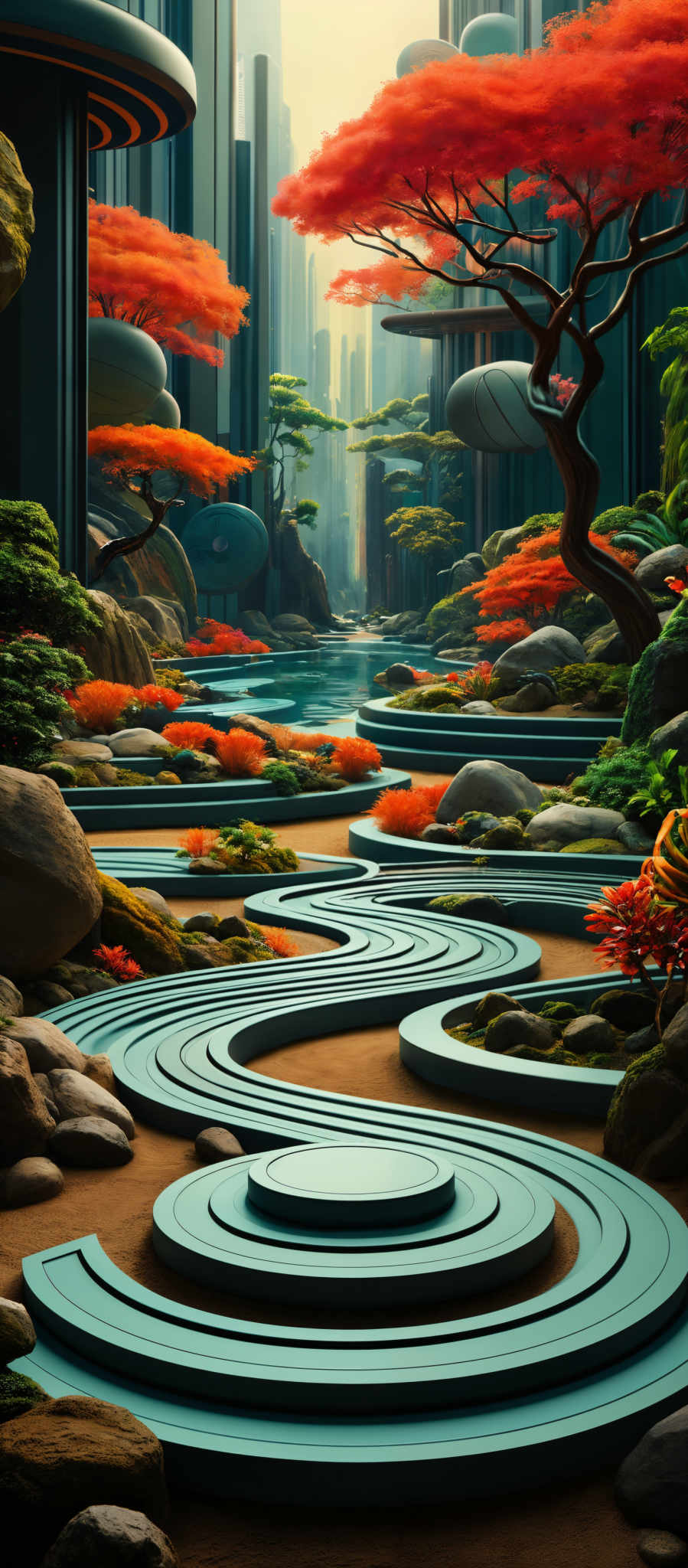 The image showcases a serene and futuristic landscape. Dominating the scene are tall, sleek skyscrapers with a muted blue hue. These structures are juxtaposed against vibrant red trees with a unique, almost surreal shape. The ground is adorned with a series of curved, blue platforms that seem to be made of a smooth, polished material. These platforms are surrounded by a variety of rocks, moss, and other vegetation. The water in the foreground reflects the surrounding architecture and nature, adding depth to the scene.