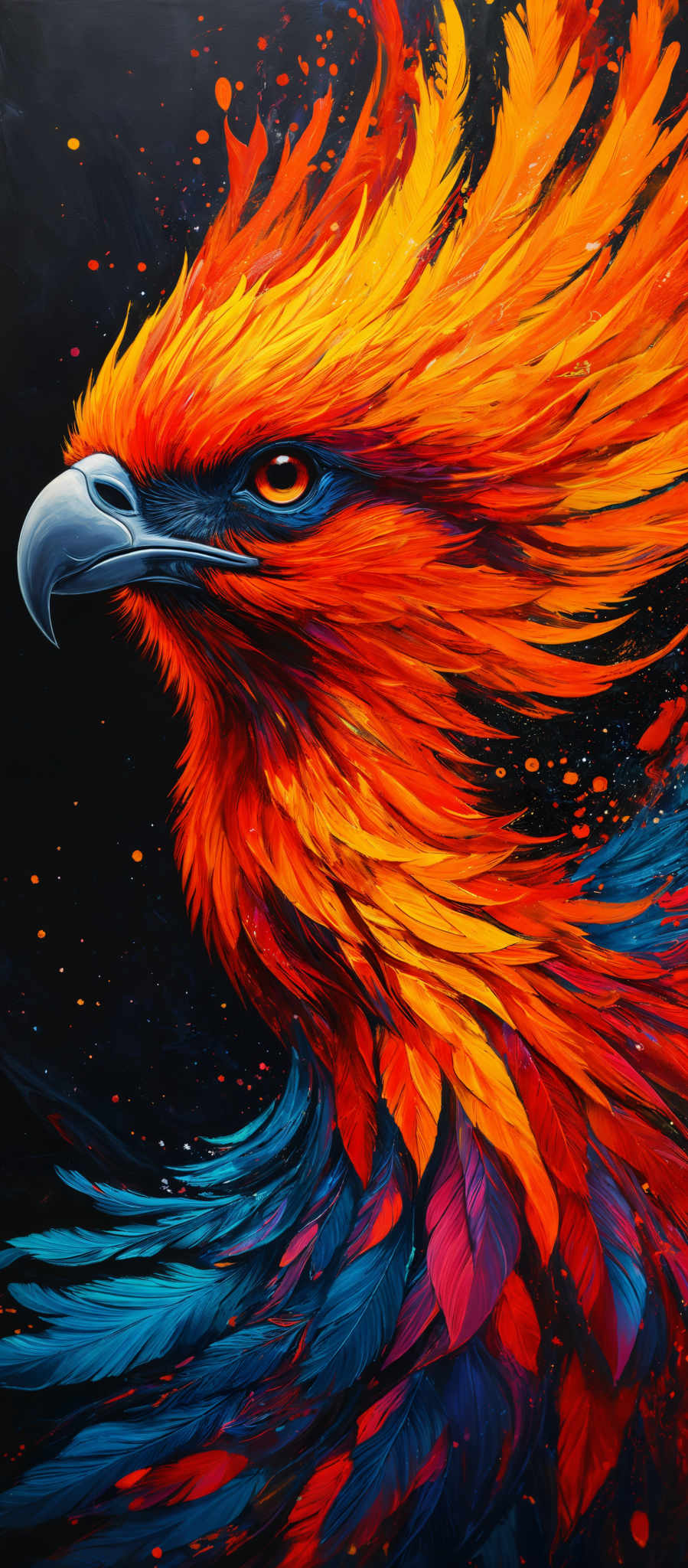 The image showcases a vibrant and colorful depiction of a bird, possibly an eagle or a hawk. The bird's feathers are rendered in a spectrum of colors, including fiery reds, oranges, yellows, and deep blues. The feathers appear to be in motion, giving the impression of a dynamic, swirling pattern. The background is dark, which accentuates the bright colors of the bird. The eye of the creature is particularly striking, with a deep, intense hue that contrasts with the surrounding colors.