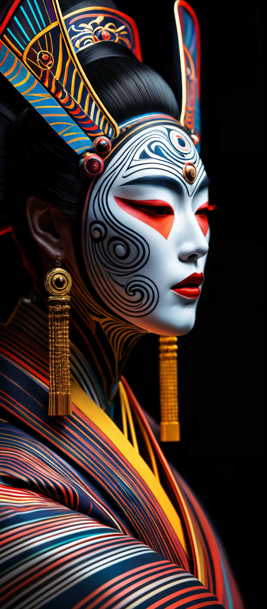 The image showcases a close-up of a person adorned with intricate and vibrant makeup and attire. The makeup is predominantly white with swirling black patterns, accentuated by bold red eyeshadow. The person is wearing a headpiece with a mix of blue, red, and gold colors, featuring geometric shapes and ornate designs. The attire is multicolored, with stripes in hues of red, blue, yellow, and black. The earrings are golden with circular designs, and the person's lips are painted a deep red.