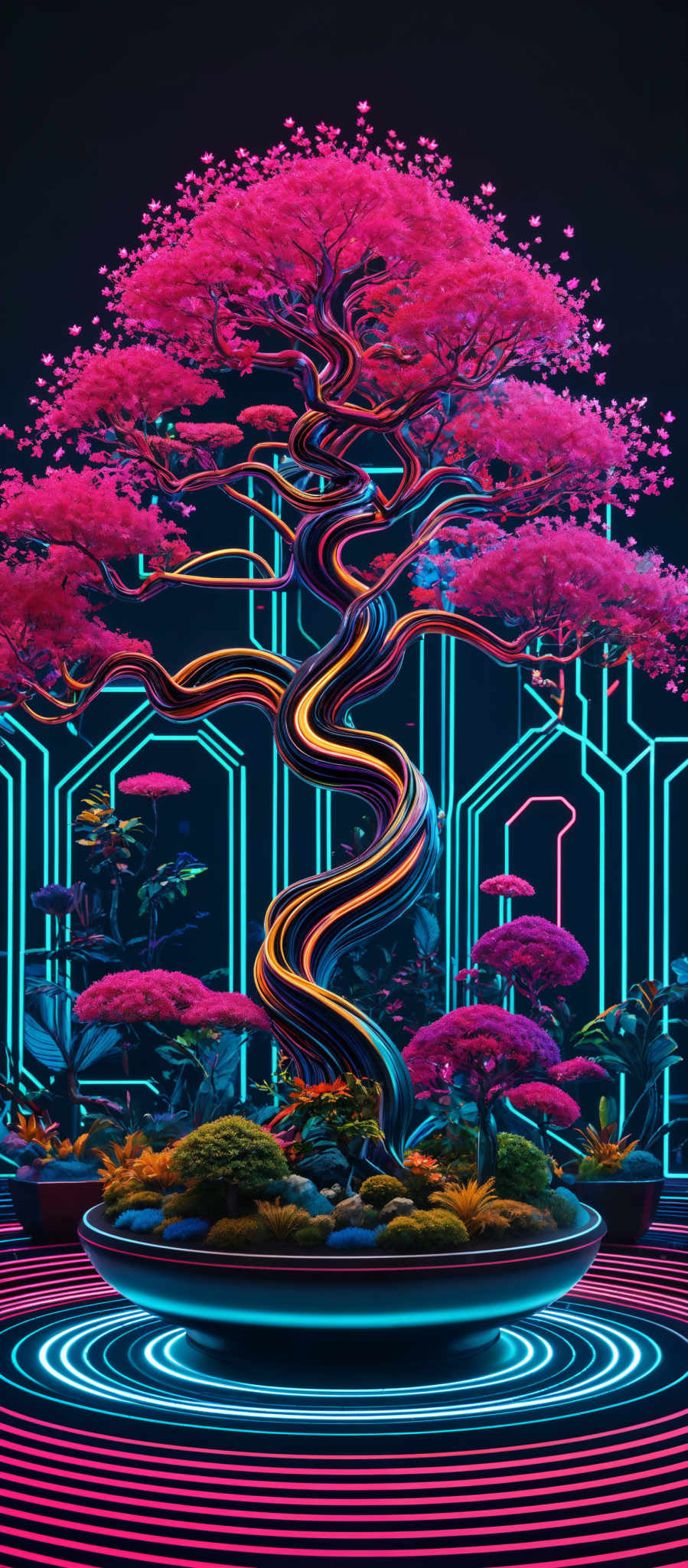 The image showcases a vibrant and intricate tree with neon-like, spiraling branches and leaves. The tree is surrounded by a circular platform with concentric, neon blue and pink lines. The background features neon outlines of geometric shapes, possibly representing buildings or structures. The overall color palette is dominated by deep blues, vibrants pinks, and neon hues, giving the scene a futuristic and surreal ambiance.