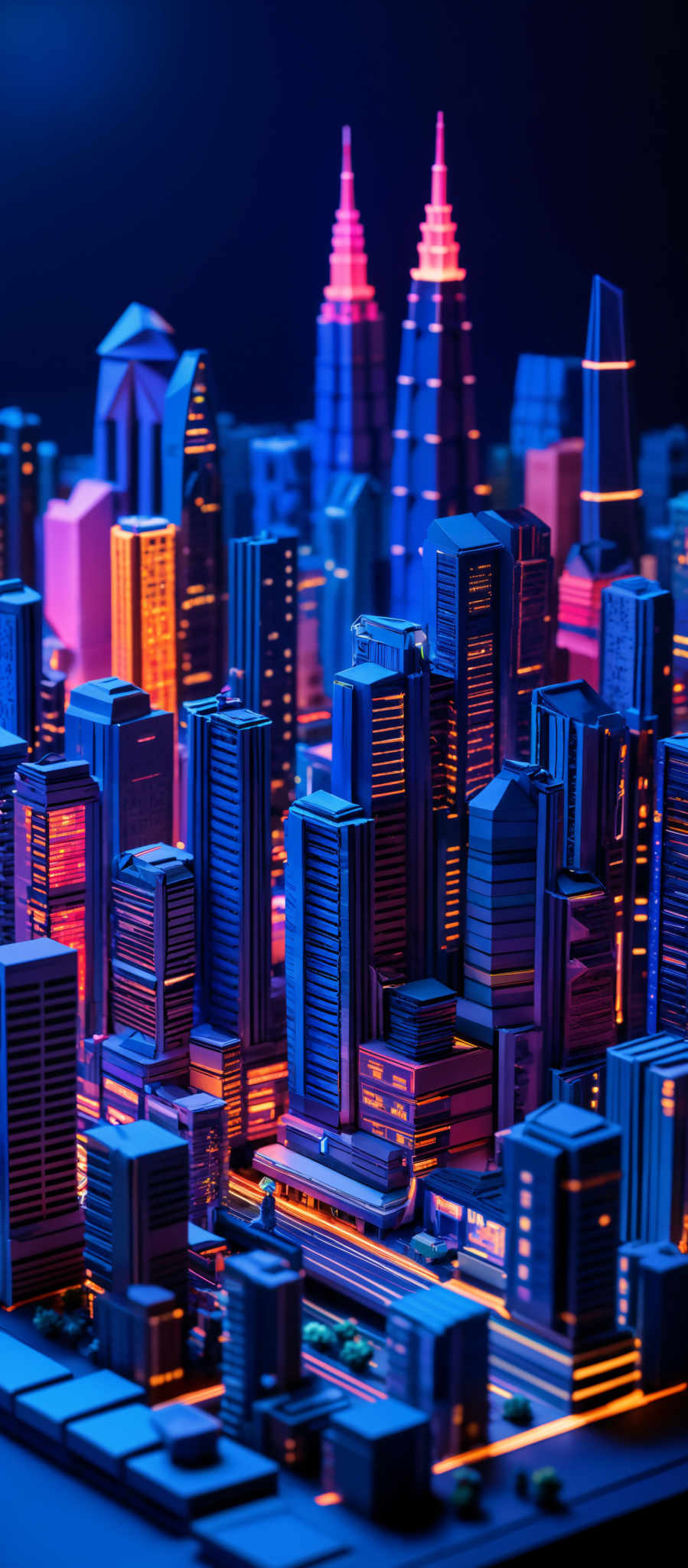 The image showcases a miniature cityscape with a variety of buildings, each having distinct shapes and designs. The predominant colors are shades of blue, pink, and orange, giving the city a neon, cyberpunk aesthetic. The buildings are intricately detailed, with some having glowing windows and others displaying different architectural designs. There's a sense of depth and dimension, with the tallest structures in the background and smaller ones in the foreground. The overall ambiance is vibrant and futuristic.