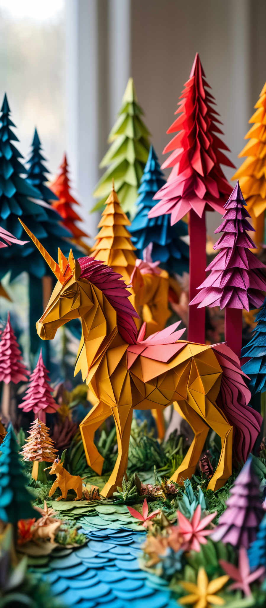 The image showcases a vibrant and colorful scene of origami-style creatures and trees. Dominating the scene is a large yellow unicorn with a pink mane and tail, and a smaller yellow uni-horse beside it. The trees are crafted in various shades of blue, green, red, and orange, with some appearing like coniferous trees and others resembling broadleaf trees. The ground is adorned with colorful flowers and foliage, and there's a blue river or stream flowing through the scene.