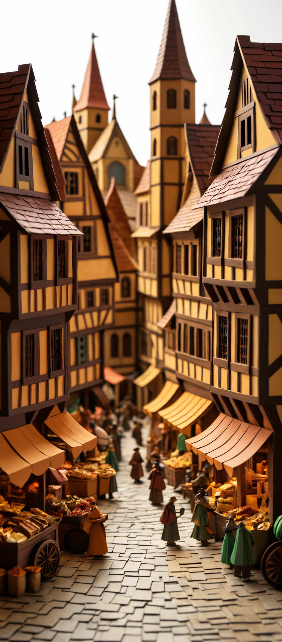 The image showcases a detailed miniature representation of a medieval town. The buildings are predominantly brown with red roofs, and they have a half-timbered architectural style. The town has cobblestone streets lined with stalls displaying various goods, such as fruits, vegetables, and textiles. There are also people, dressed in period clothing, interacting with the stalls or walking along the street. The overall ambiance is that of a bustling marketplace in a medieval European town.