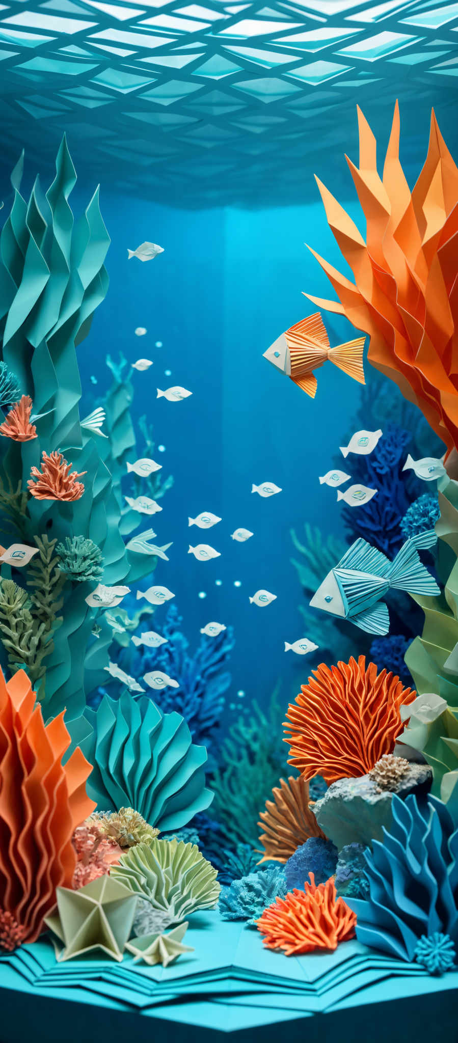 The image showcases a vibrant underwater scene. The dominant colors are various shades of blue, representing the water, and bright oranges and greens, representing coral reefs and marine life. The marine life consists of small fish swimming around, and there are intricate coral formations in various shapes and sizes, including fans, mushrooms, and branching structures. The entire scene is set against a backdrop of a wavy blue surface, possibly representing water waves or the ocean floor.