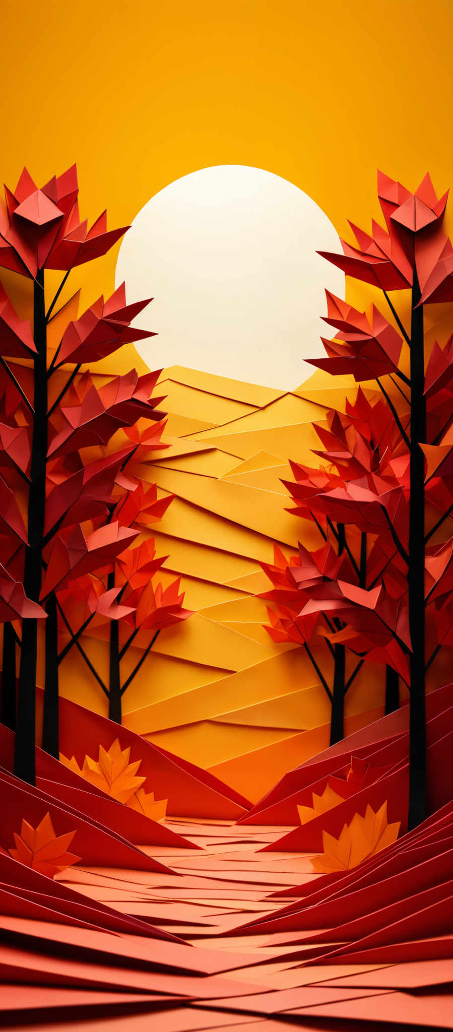 The image showcases a vibrant and colorful depiction of autumn. The dominant colors are shades of orange, red, and yellow. The shape is geometric, with origami-like folded paper elements representing trees and their leaves. The background features a large white circle, possibly representing the sun, set against a gradient of yellow and orange hues, suggesting a sunset or sunrise. The foreground has undulating patterns in shades red and orange, possibly depicting a path or a river.