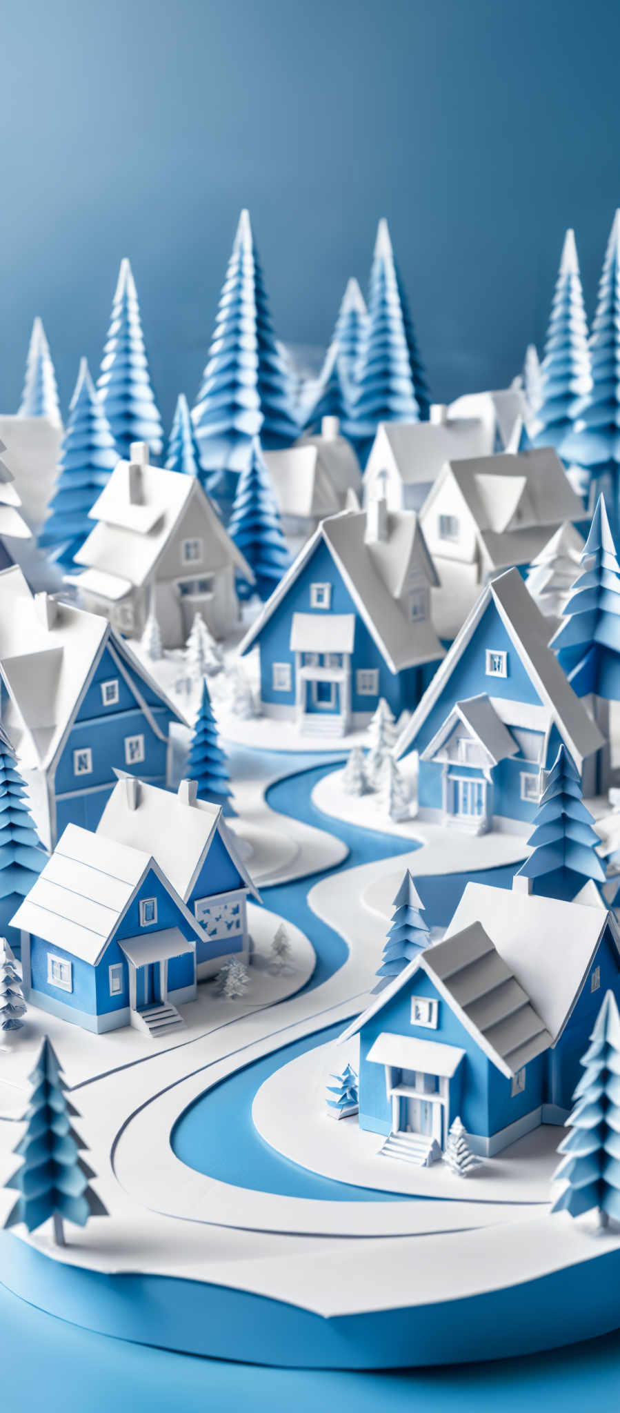 The image showcases a winter scene with houses and trees. The houses are predominantly white with blue roofs, and they are placed amidst snowy landscapes. The trees are tall and pointed, resembling pine trees, and are also white, suggesting they are covered in snow. The entire scene is set against a deep blue background, giving it a cold and serene ambiance.