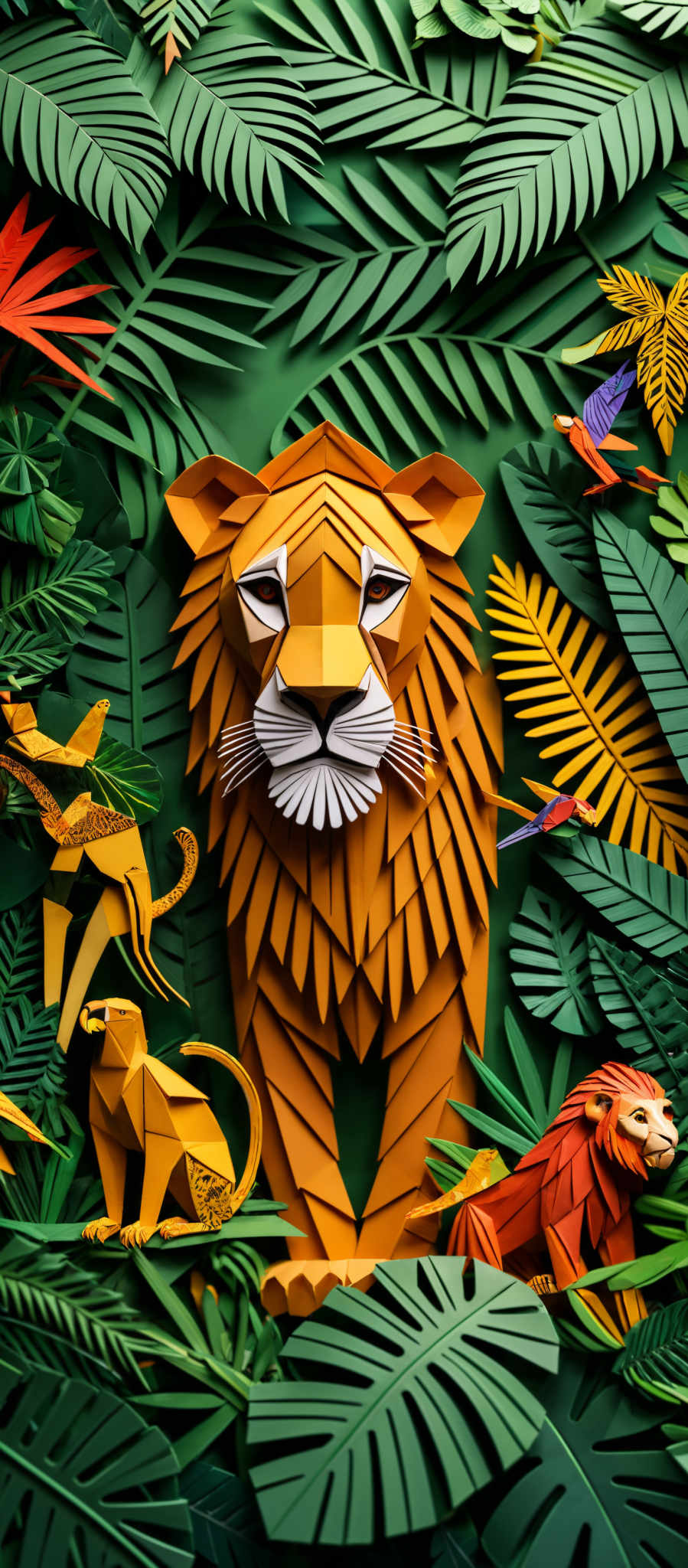 The image showcases a vibrant and detailed crafted representation of a jungle scene. Dominating the center is a large, intricately designed lion with a mane made of geometric shapes. Surrounding the lion are various tropical plants, including large green leaves and colorful flowers. On the left side, there's a small monkey holding a banana, and on the right, there are two birds, one yellow and the other blue, flying amidst the foliage. The entire composition is crafted with precision, using a variety of colors to create depth and dimension.