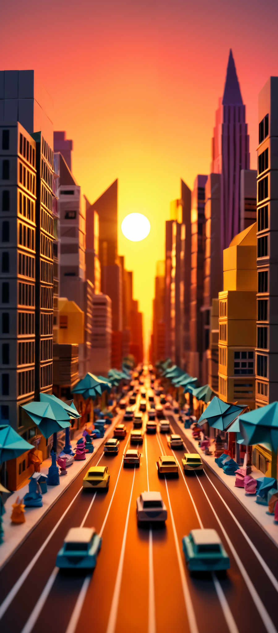 The image showcases a vibrant cityscape during sunset. The sky is painted in hues of orange and pink, with the sun setting in the center. The city is adorned with tall buildings, some of which have unique and modern architectural designs. The streets are bustling with cars, and there are colorful umbrellas lining the sidewalks. The overall color palette is warm, with a mix of oranges, yellows, and blues.