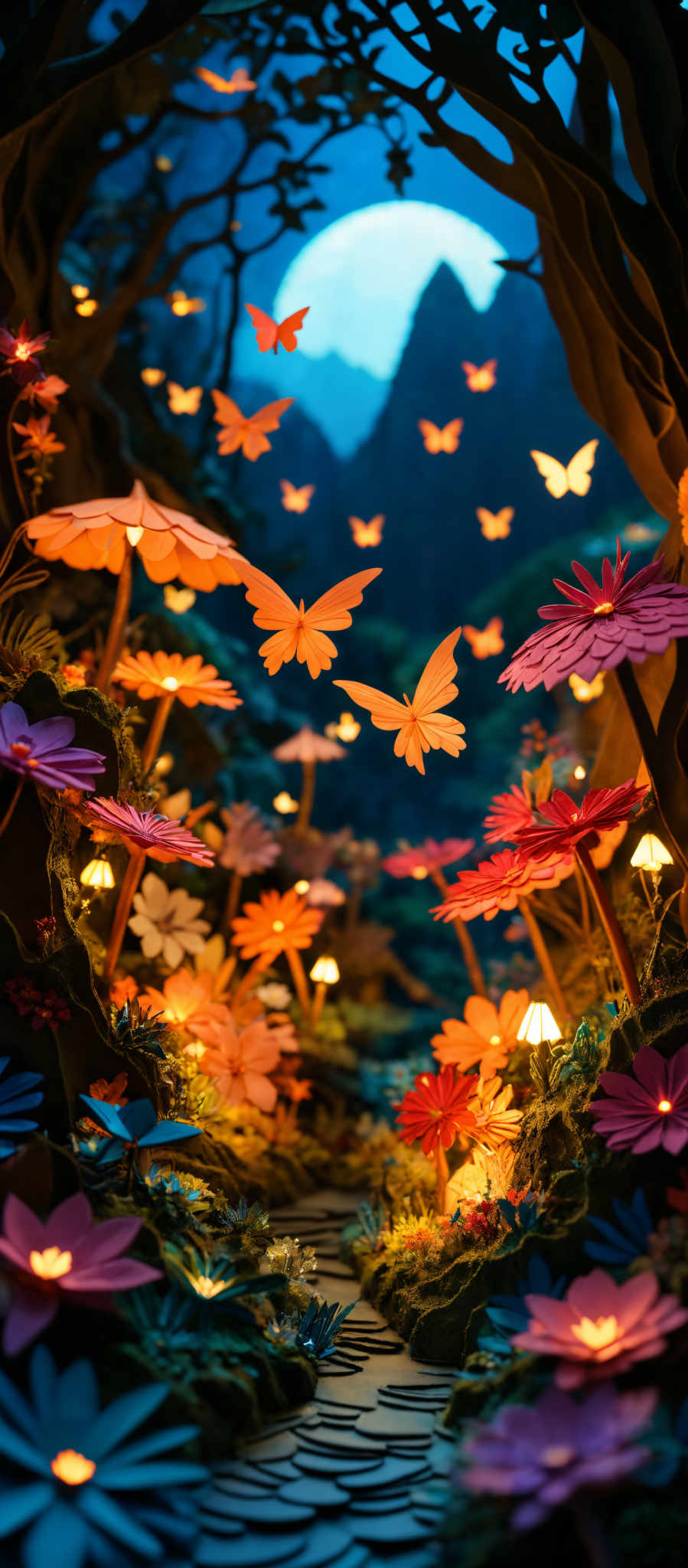 The image showcases a vibrant and whimsical scene. The dominant colors are shades of blue, orange, and pink. The scene is dominated by butterflies, which are shaped like glowing oranges and reds, fluttering around amidst a backdrop of large, colorful flowers. These flowers have petals in shades like pink, orange-red, and purple. The background reveals a serene nighttime landscape with mountains and a glow in the distance, possibly from the moon or another light source. The entire scene is framed by a large, intricately designed archway made of what appears to be wood or stone, with branches extending outwards.