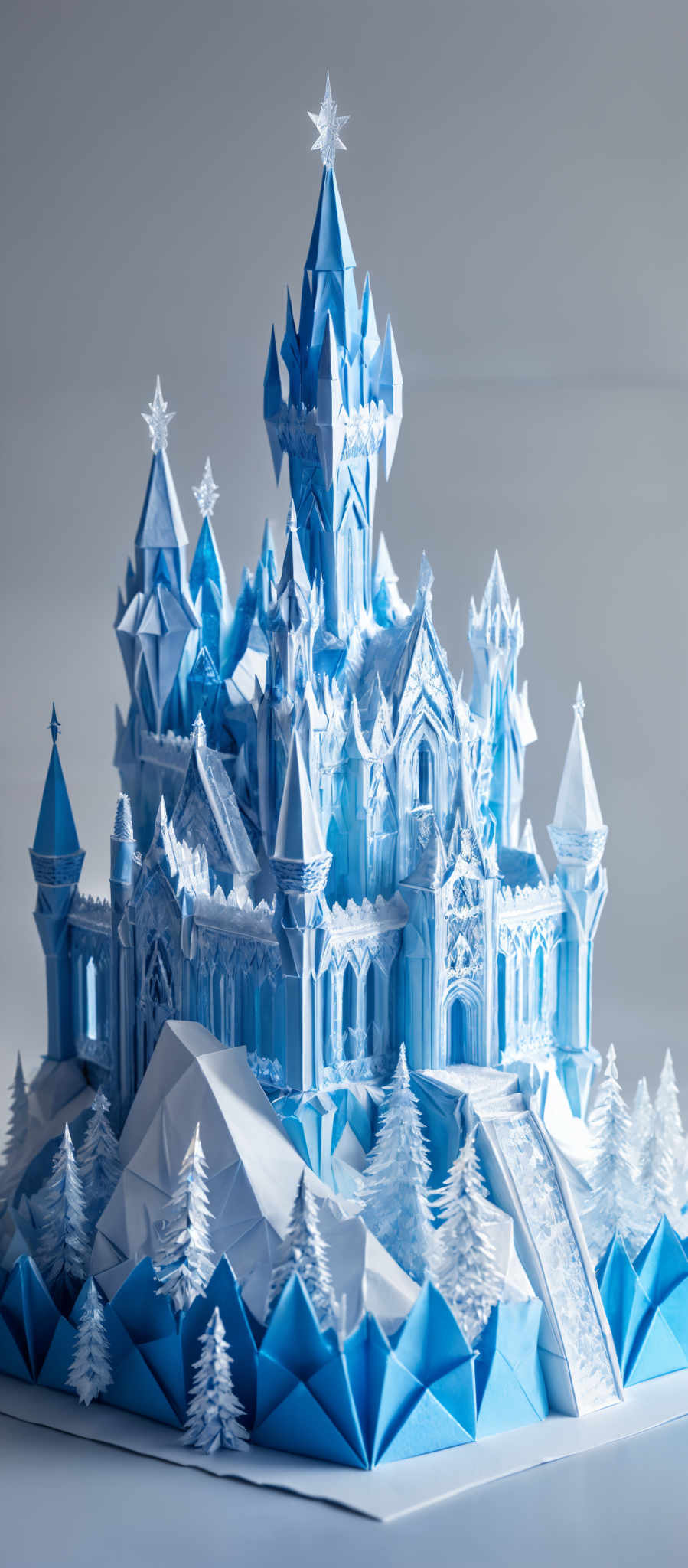 The image showcases a meticulously crafted paper model of a majestic castle. The castle is predominantly in shades of blue and white, with intricate designs and architectural details. It has multiple spires, arches, and ornate carvings. The base of the castle is surrounded by snowy landscapes with pine trees, and there's a staircase leading up to the main entrance. The entire scene is set against a neutral background, emphasizing the castle's beauty.