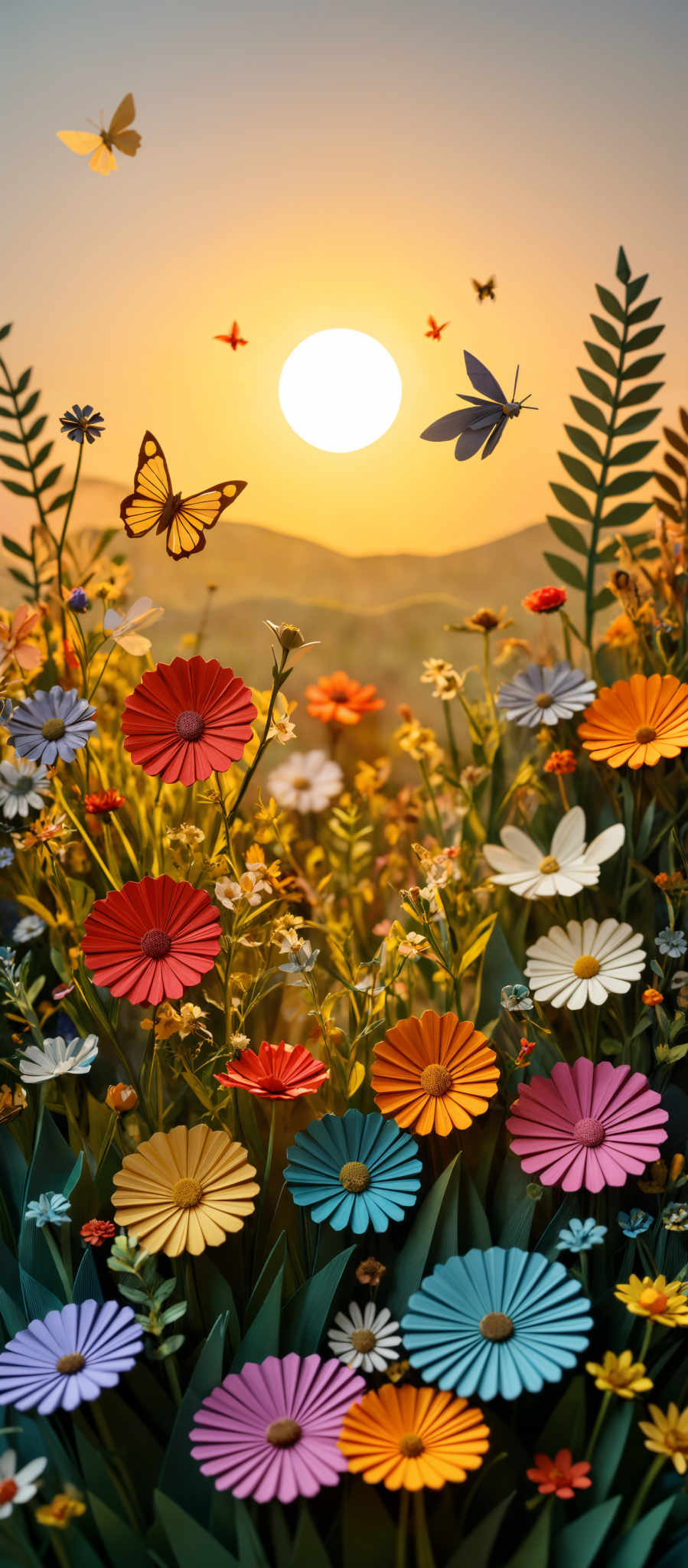 The image showcases a vibrant and colorful landscape during sunset. The sun is depicted as a large, radiant orb, casting a warm golden hue over the scene. The sky is painted with shades of orange, pink, and blue, transitioning to a deeper blue as it moves away from the sun. The foreground is dominated by a meadow filled with a variety of flowers in different colors such as red, blue, yellow, and purple. These flowers have distinct petal structures, some with multi-layered petals. There are also butterflies fluttering around the flowers, adding to the lively ambiance. In the background, there are faint silhouettes of hills or mountains.