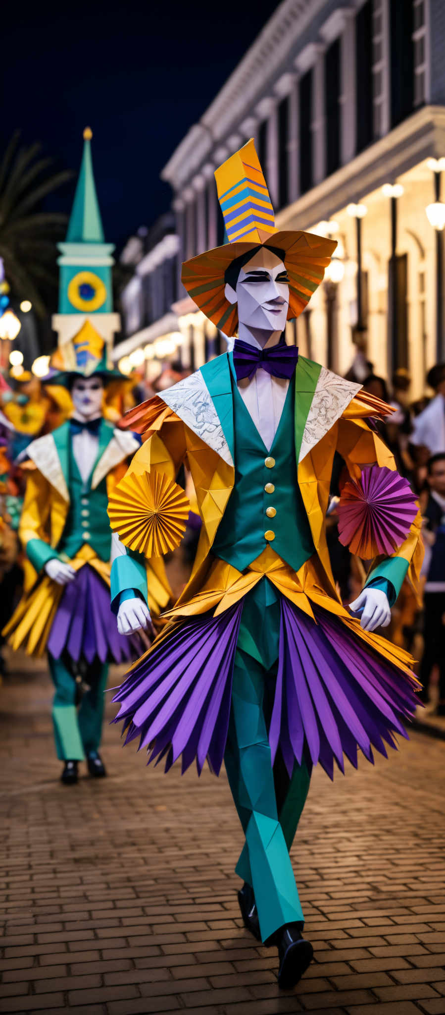 The image showcases a vibrant and colorful costume. The primary figure is adorned in a bright yellow jacket with a green vest and a purple skirt. The costume also features a large, colorful hat with a striped pattern. The figure's face is painted in white with a black mask, giving it a theatrical appearance. In the background, there are other figures dressed in similar colorful attire, and a structure resembling a clock tower. The setting appears to be a festive street parade or event.