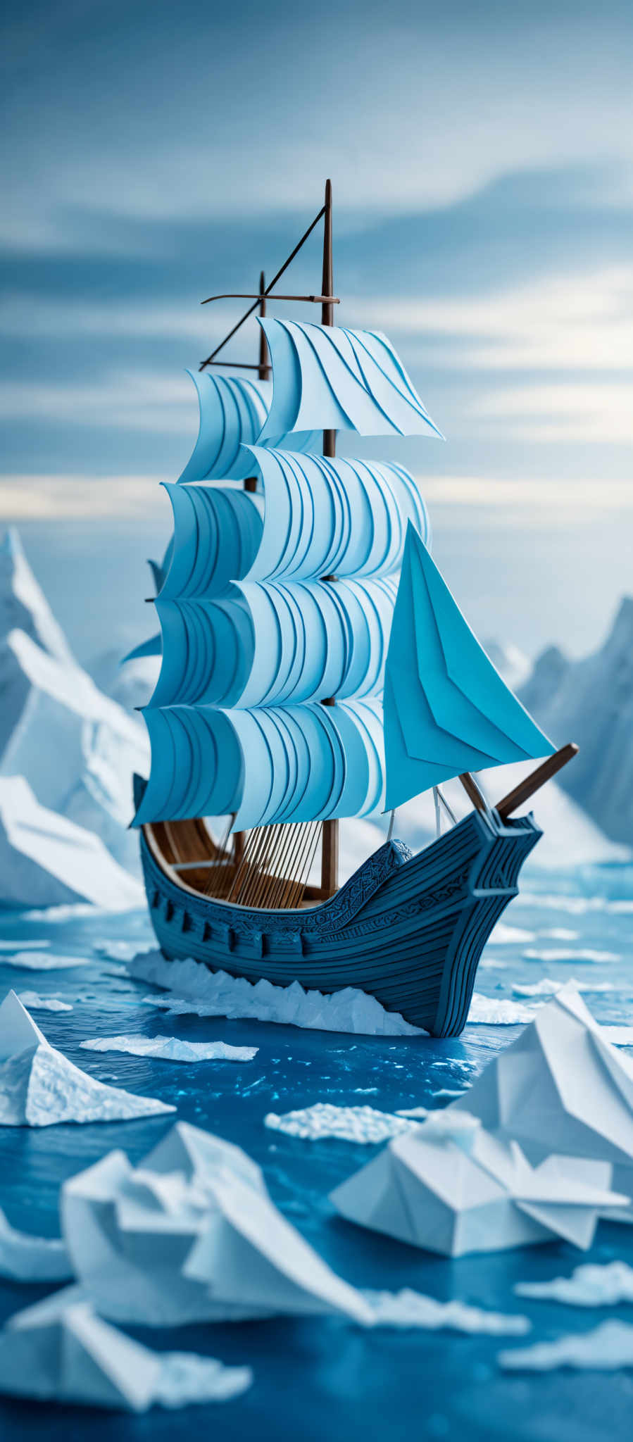 The image showcases a large sailing ship with multiple masts and sails. The sails are predominantly blue with intricate white patterns. The ship is set against a backdrop of icy mountains and a vast expanse of water. The water is depicted in varying shades of blue, with some areas having floating ice or snow. The sky is a gradient of light blue, suggesting either dawn or dusk.