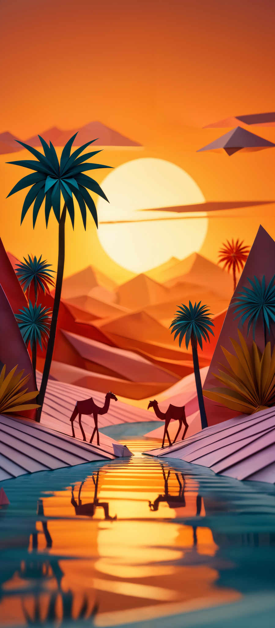 The image showcases a vibrant and colorful sunset or sunrise scene. The sky is dominated by hues of orange, yellow, and a touch of purple. The sun is depicted as a large, radiant orb, casting a warm glow over the landscape. In the foreground, there are two camels walking along a serene body of water, their reflections clearly visible. The water reflects the colors of the sky and the silhouettes of the camels. Surrounding the water are palm trees, with their leaves depicted in shades of blue and green. The background features undulating hills or mountains, painted in shadows and highlights, giving depth to the scene.