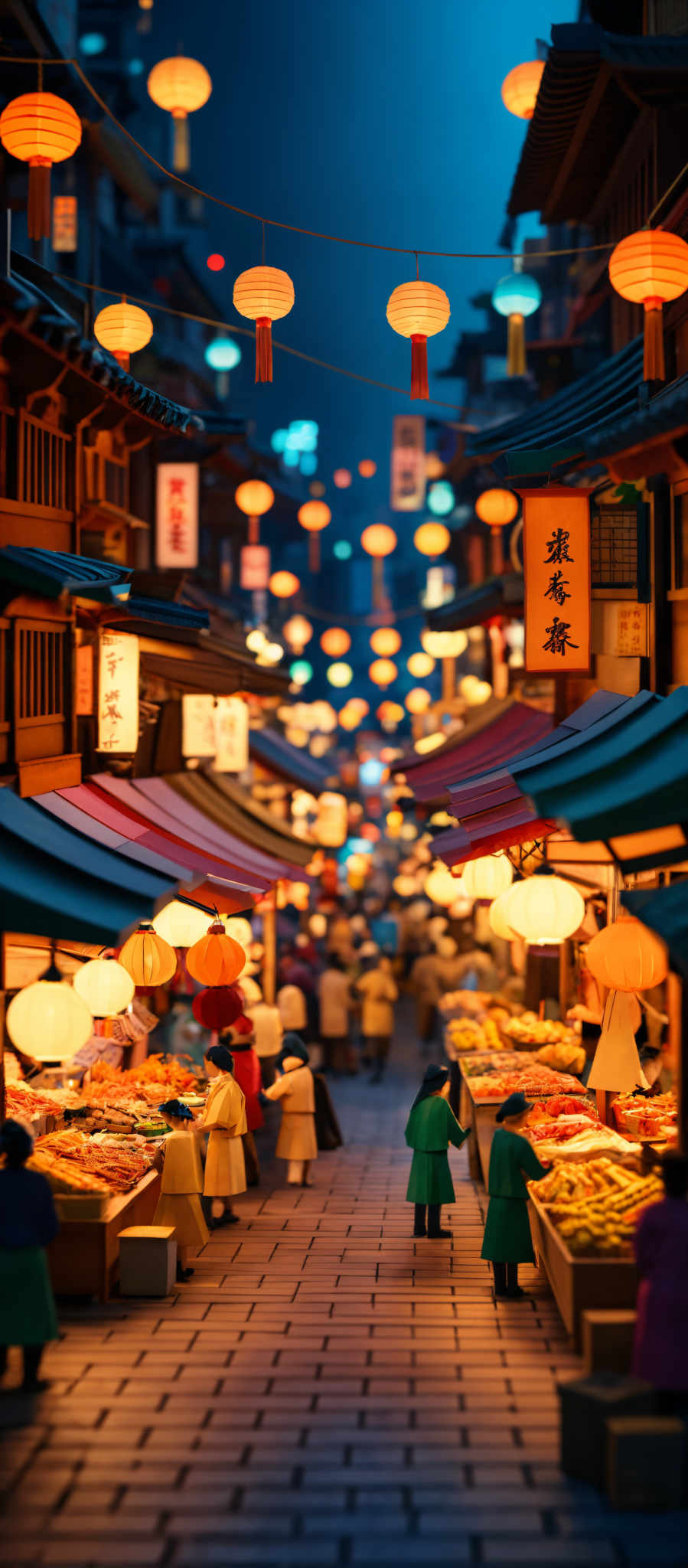 The image showcases a vibrant and bustling marketplace during the evening. The dominant colors are warm hues of orange, yellow, and red from the lanterns, contrasted with the cooler tones of the buildings and the night sky. The lantern shapes are round with tassels hanging from their bottom. The market stalls are illuminated with bright lights, revealing various goods like fruits and vegetables. There are also people, dressed in traditional attire, interacting with the stalls. The architecture of the surrounding buildings is traditional, with wooden structures, tiled roofs, and intricate designs. The scene is further enhanced by the numerous hanging lantern strings crisscrossing the street, adding to the festive atmosphere.