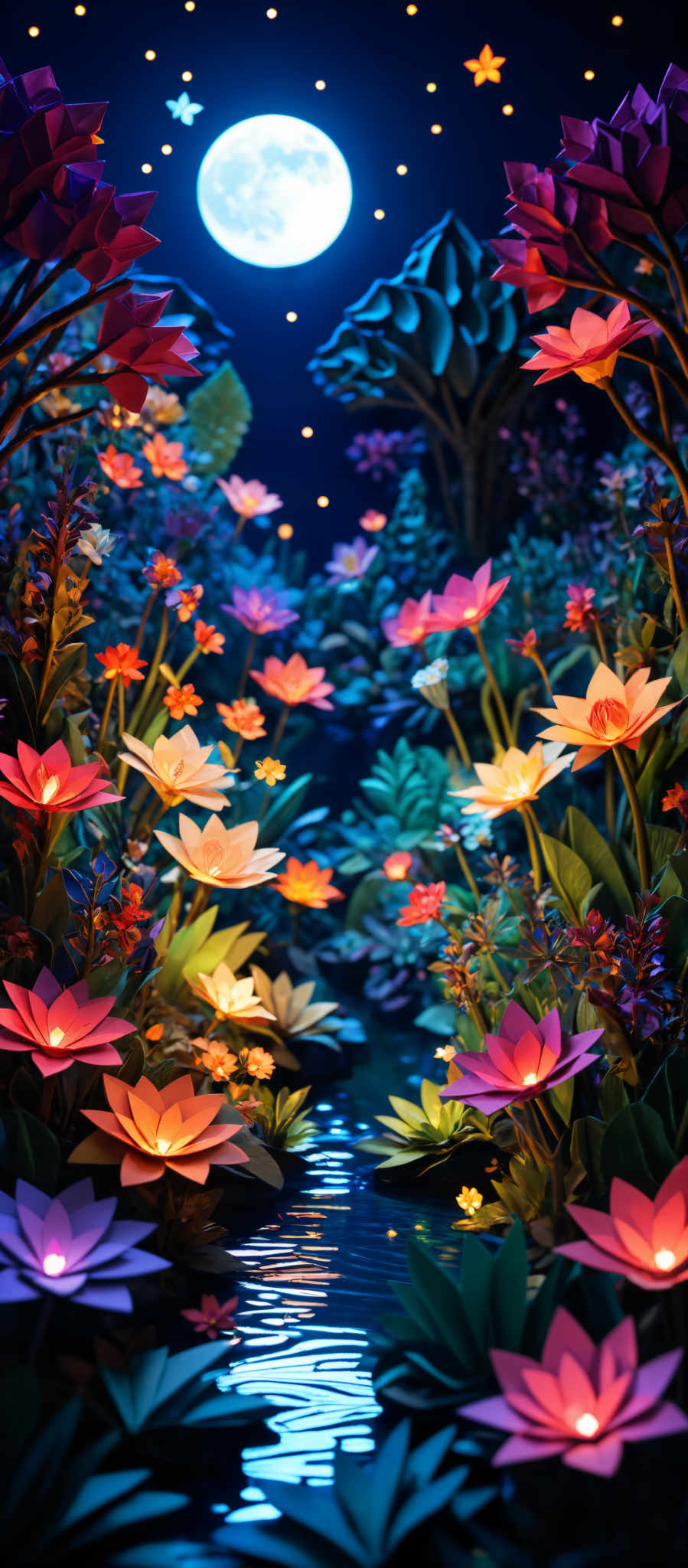 The image showcases a vibrant and mesmerizing night scene. Dominating the scene are large, colorful flowers with shades of pink, orange, and purple. These flowers are illuminated from within, casting a warm glow. The background is a deep blue, representing the night sky, and is adorned with small, glowing orbs that resemble stars. A full moon shines brightly in the center, further enhancing the magical ambiance. The scene is complemented by a serene water body reflecting the moon and the flowers. The entire setting exudes a sense of wonder and enchantment.