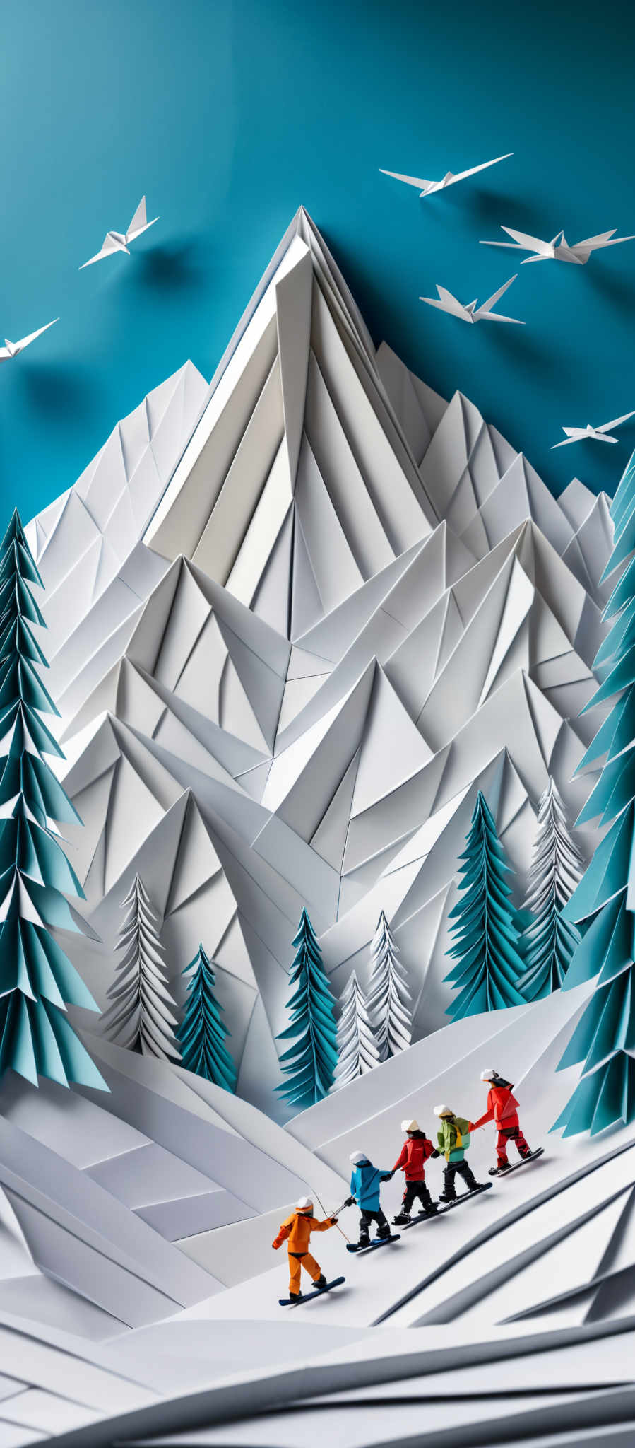 The image showcases a vibrant and intricate scene of a mountainous landscape. The mountains are depicted in shades of white and gray, with sharp, geometric facets, giving them a crystalline appearance. The sky is a deep shade of blue, dotted with white origami birds flying in formation. The trees, possibly evergreens, are colored in shade blue and are layered in the foreground, adding depth to the scene. In the lower part of the image, there are four small figurines, possibly skiers or snowboarders, dressed in colorful winter attire, with one of them holding a flag.